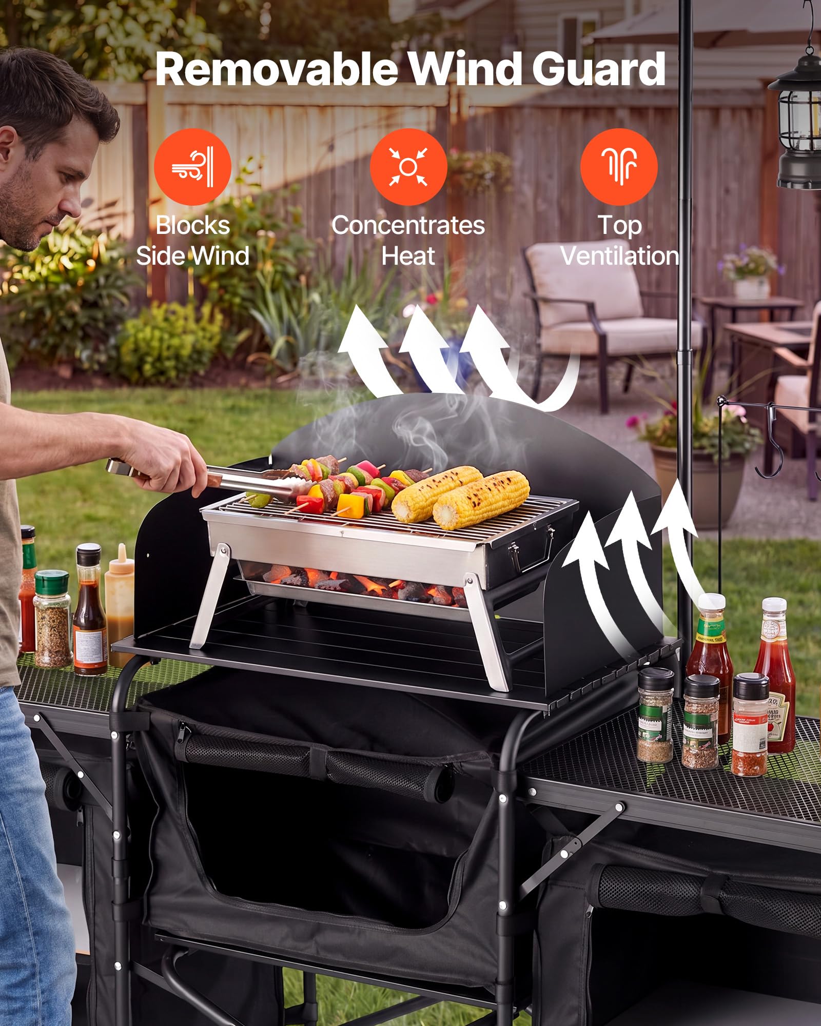 VEVOR Mobiletto Cucina Portatile Pieghevole da Campeggio, Mobiletto da Campeggio 2 Tavolini Laterali Rete Metallica Paravento Rimovibile per Fornello 3 Scomparti Portaoggetti, Stazione Cucina BBQ