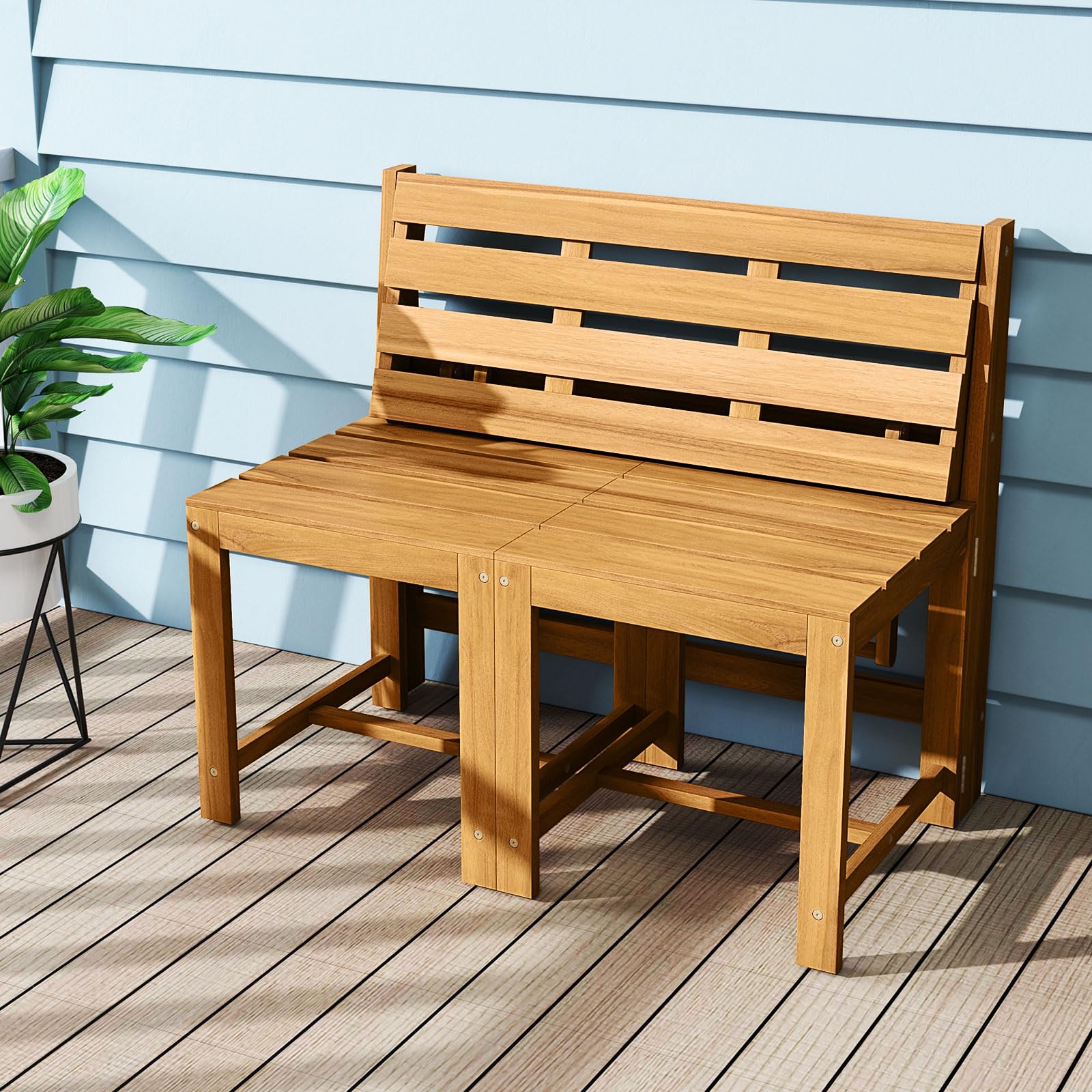 COSTWAY Salon de Jardin 3 en 1 Banc 2 Places Table Rectangulaire Chaises Extérieur Bois d'Acacia Dossiers Inclinés Siège à Lattes