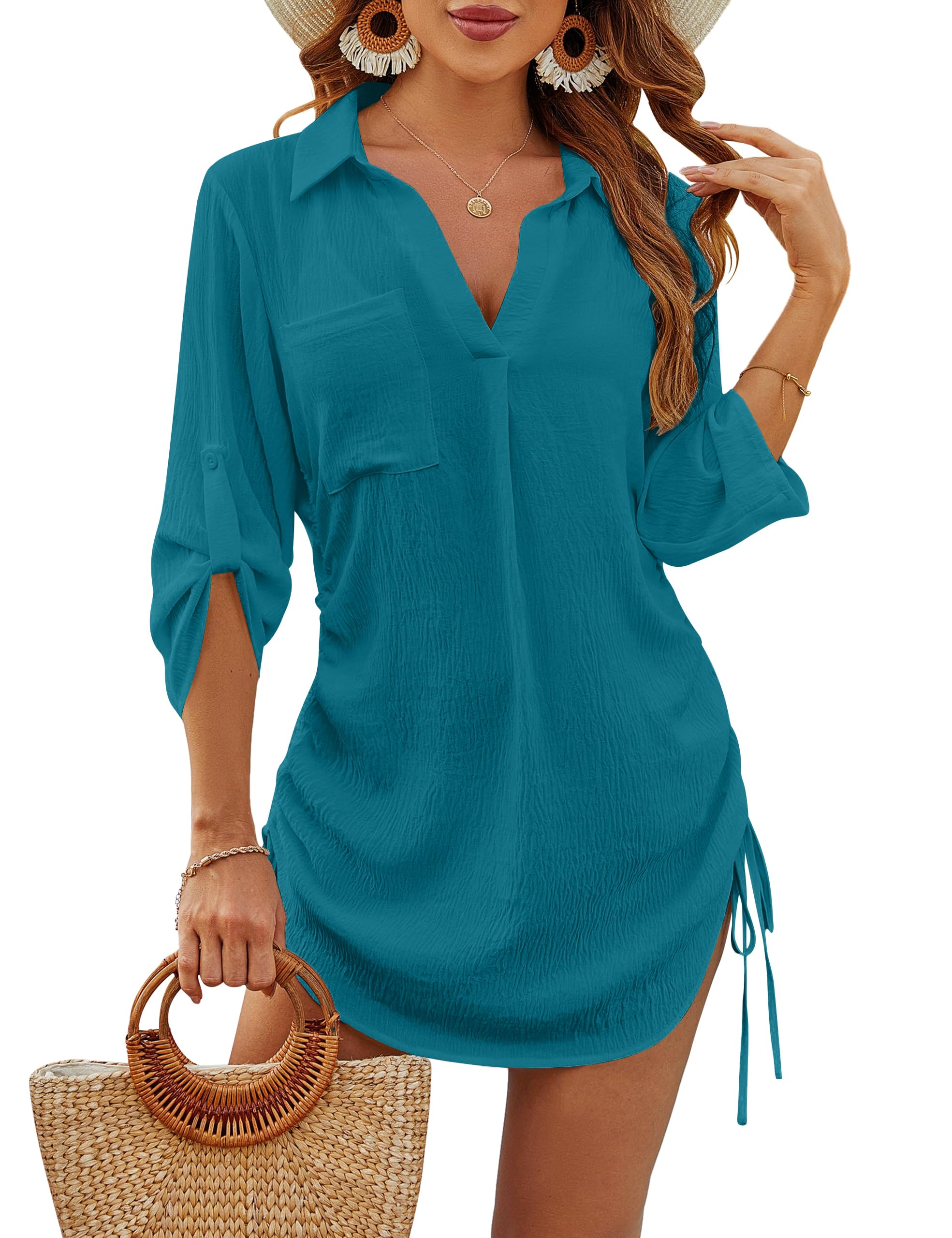 Blooming JellyWomens Bathing Suit Cover Ups Bikini Swimsuit Coverup Drawstring Beach Dress Shirt