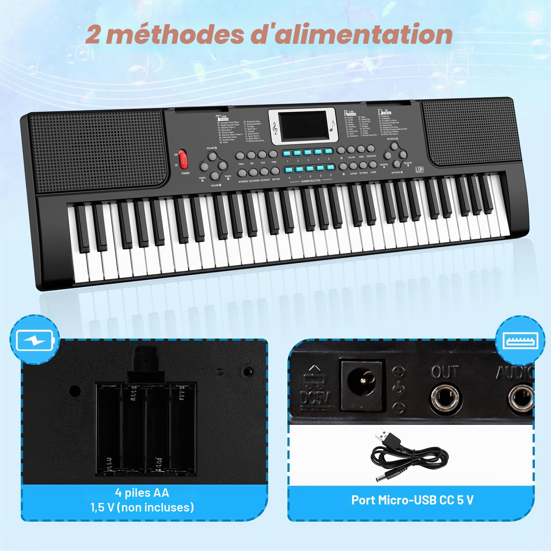 Enfants Piano Clavier 61 Touches Électronique Piano avec Touches Lumineuses