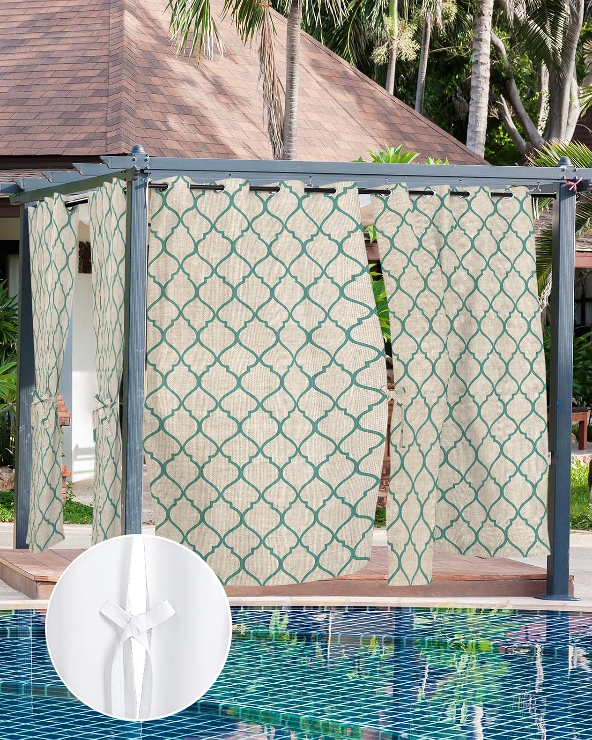 ALAGEO Outdoor Curtains Waterproof Moroccan Pattern Waterproof Curtain for Patio Rustic Vintage Teal Turquoise Filtering Grommet Outside Curtains Panels for Patio Gazebo Balcony,Set of 2 54 x 95 Inch