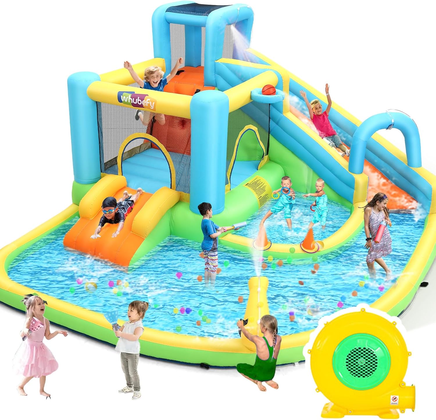 Whubefy Inflatable Water Slide for Kids Backyard, 12.8x12Ft Water Bounce House w/ 2 Slides/Jumping Area/Catch Ball/Ring Toss Game & 10 Accessories, Inflatable Water Park Holds 5 Kids Fun, 550W Blower
