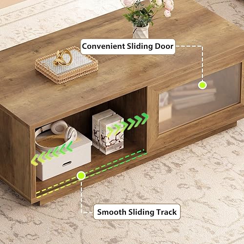 Miniatura 8 de HSH Mesa auxiliar rústica con almacenamiento, mesa de centro baja para sala de estar, mesas de centro largas rectangulares de madera, mesas