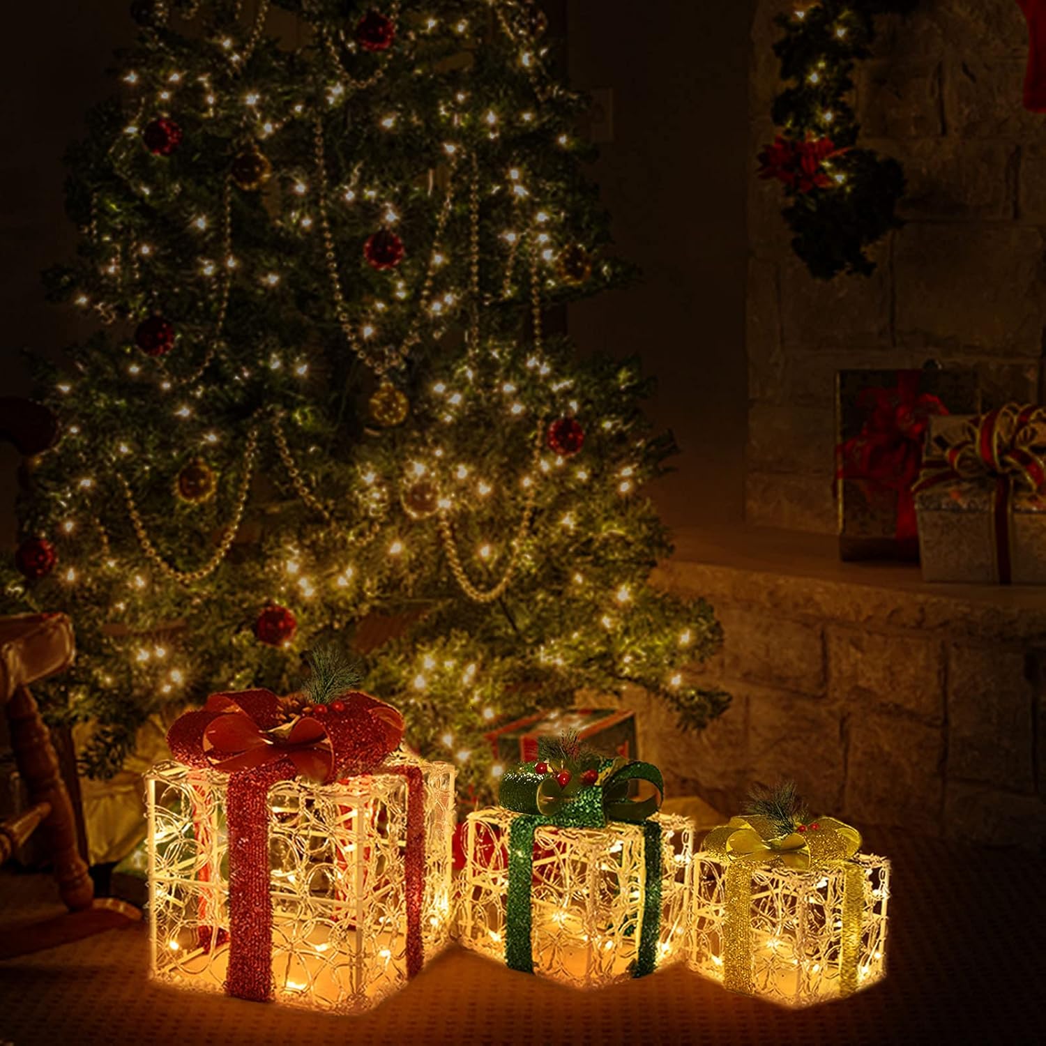 Bstge Christmas Lighted Gift Boxes, Set of 3 Christmas Decorations for Home, Christmas Ornaments, 60 Warm White LED with Bows for Indoor Outdoor Holiday Yard Art Decor : Patio, Lawn & Garden