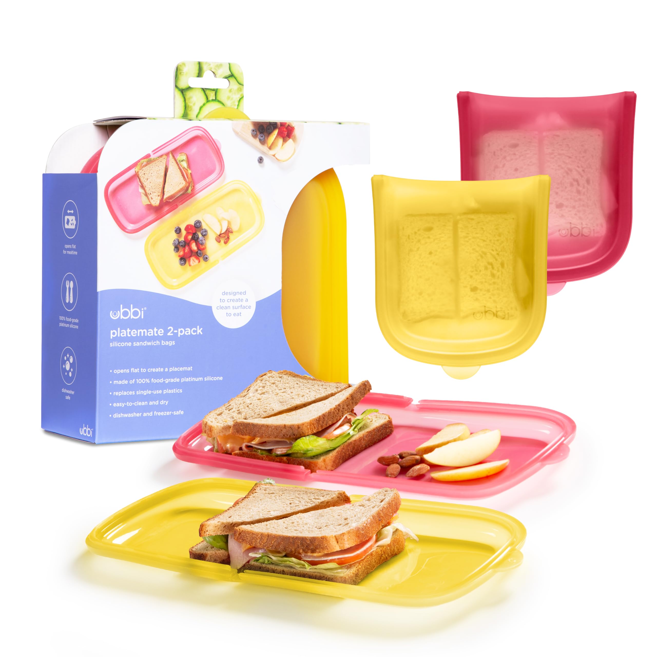 Ubbi Platemate Reusable Silicone Storage Bag, Pomegranate & Buttercup