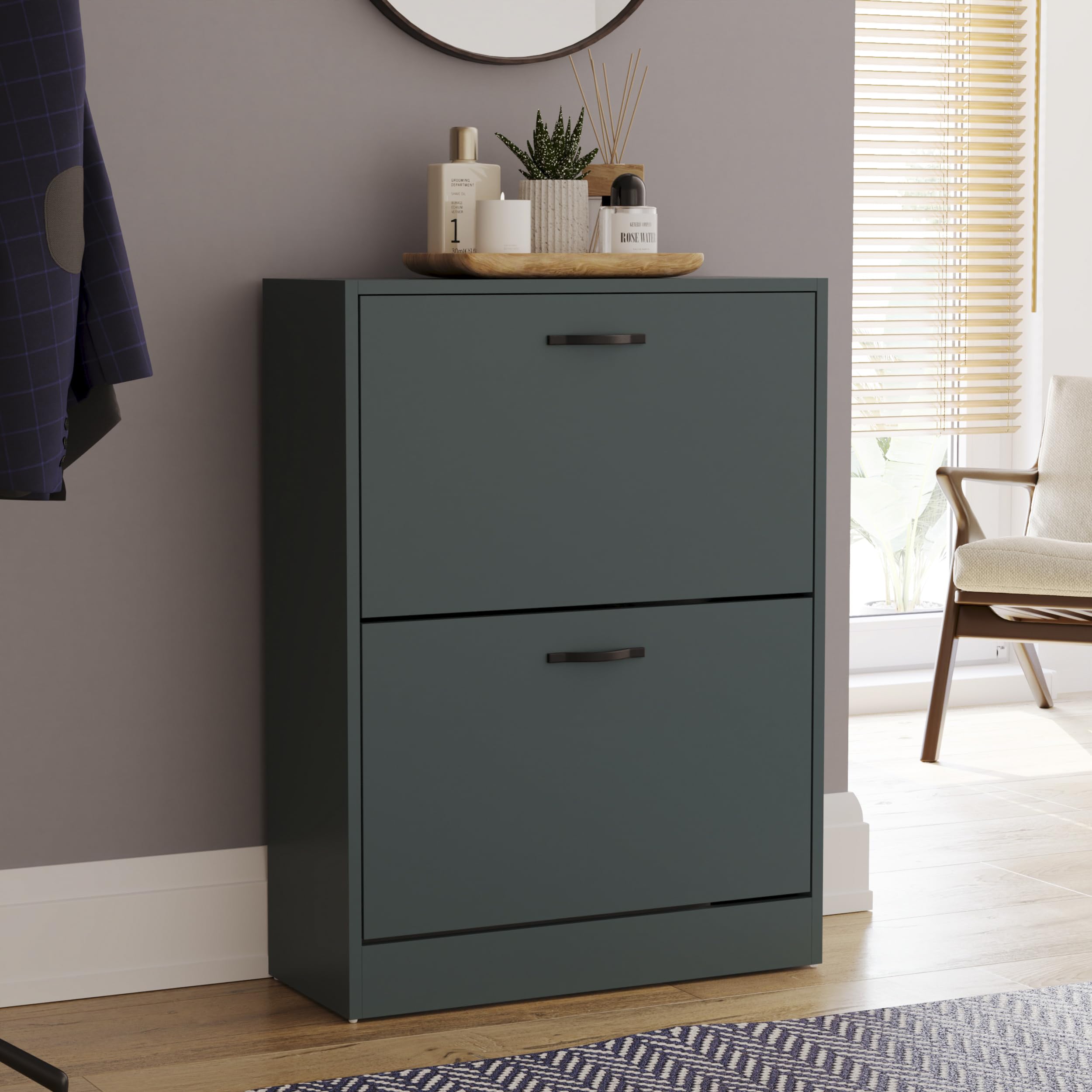 Vida Designs Shoe Cabinet, Wooden Shoe Storage Unit with 2 Pull-Down Drawers, Multifunctional Dust-Proof Space-Saving Slim Design Cupboard for Hallway or Entryway (Green) — image 1