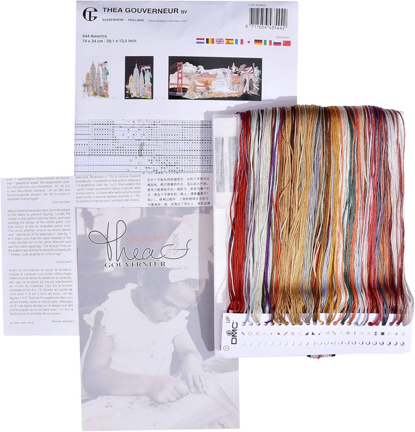 Thea Gouverneur - Counted Cross Stitch Kit - America - Aida - 18 Count - Embroidery Kit for Adults - DMC Embroidery Threads and Other Cross Stitch Supplies Included - 544A