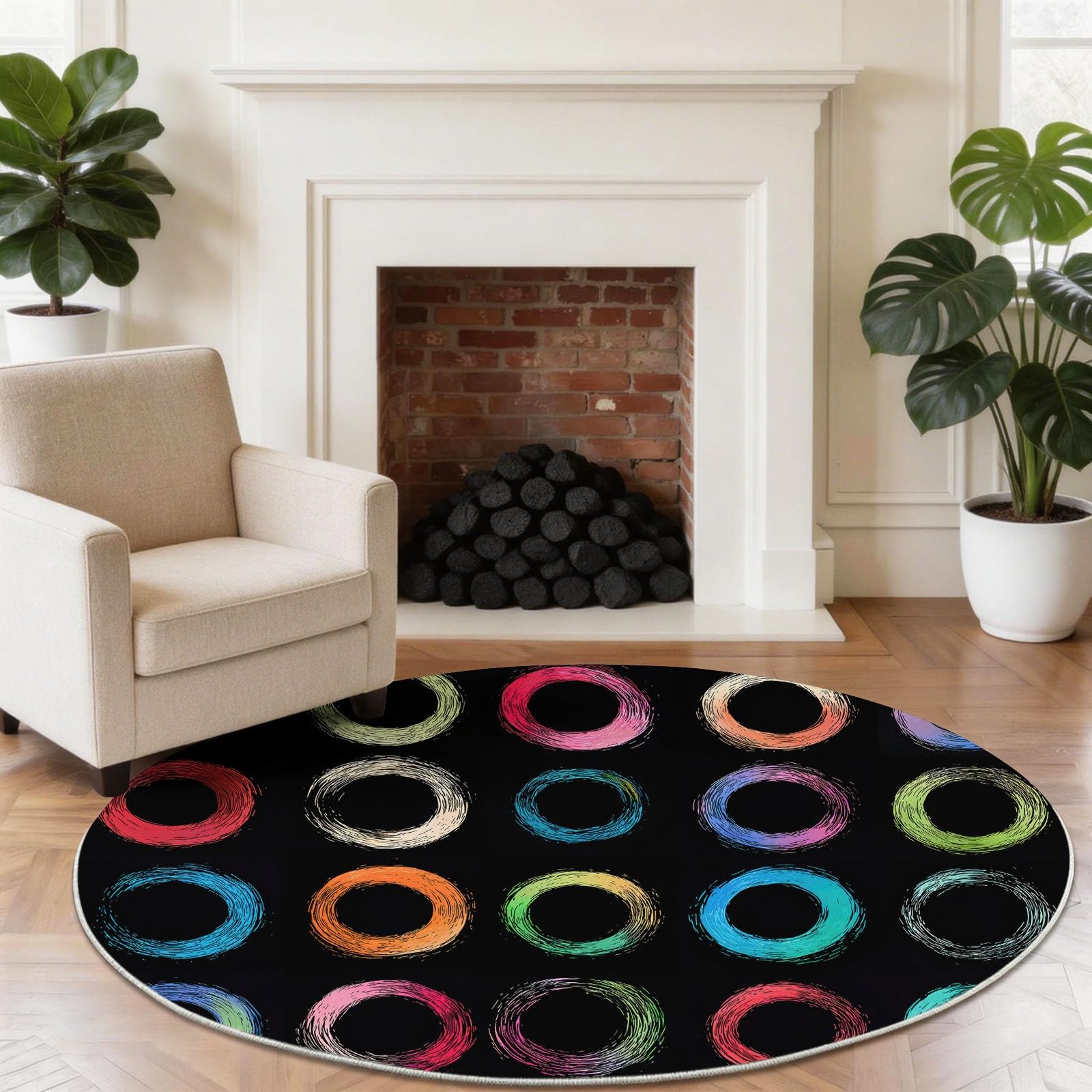 Lavable Tapis 150 cm Rond Intérieur Abstrait Cercle pour Salon, Chambre ou Couloir - Doux et Antidérapant - Moderne Minimaliste Chic Facile à Nettoyer Poil Ras Tapis pour Salle de séjour, Noir