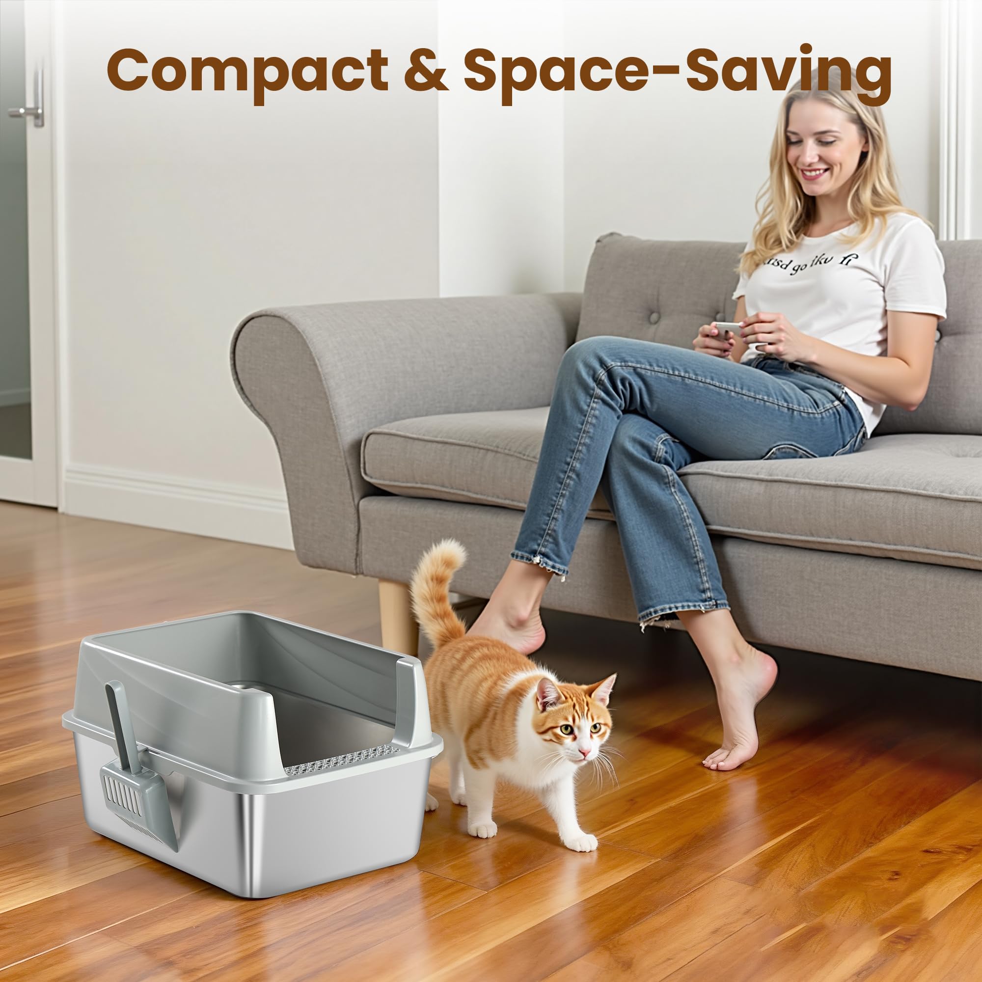TIUUBT Stainless Steel Sifting Litter Box for Pine Pellets, Sifting Cat Litter Box with Sifter, High Side for Small Cats, Anti-Leakage, Odor Control, Includes Scooper, 17.7" x 13.8" x 11" - image 4