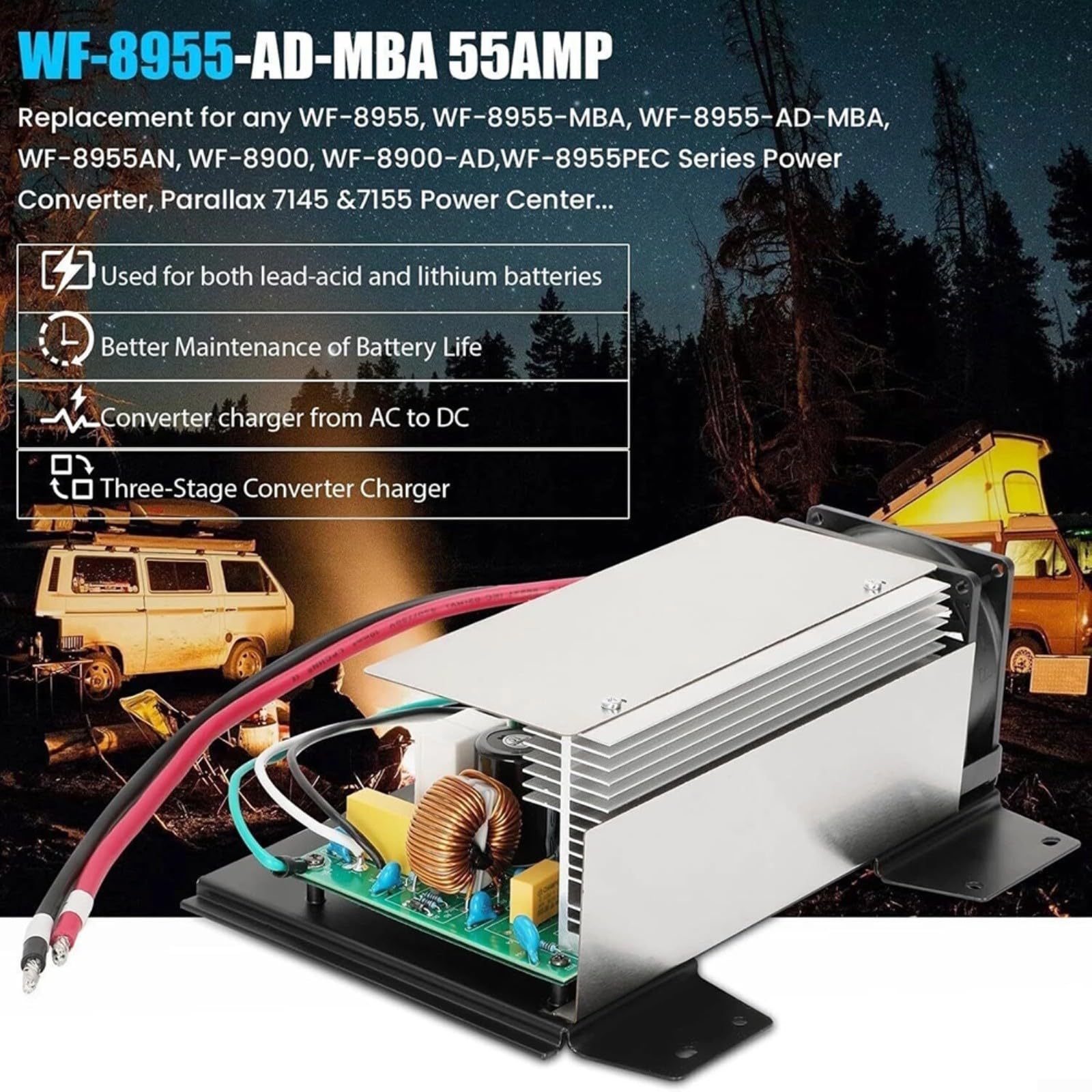 WF-8955-MBA - Alimentatore di rete per caricabatterie da 55 A per camper, ricambio Parallax 7155 7145, funzionamento silenzioso con tre livelli di ricarica automatica