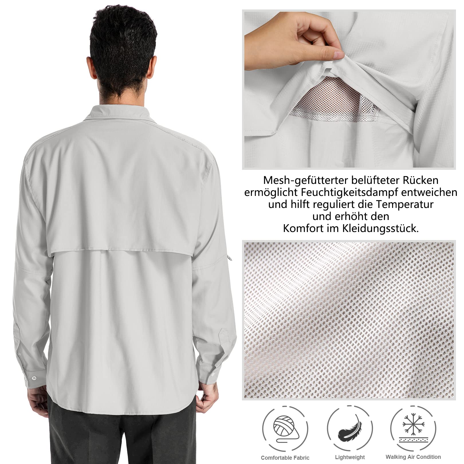 yeyity Camisa de hombre manga larga Safari UPF50 con protección UV transpirable botones para senderismo pesca trekking