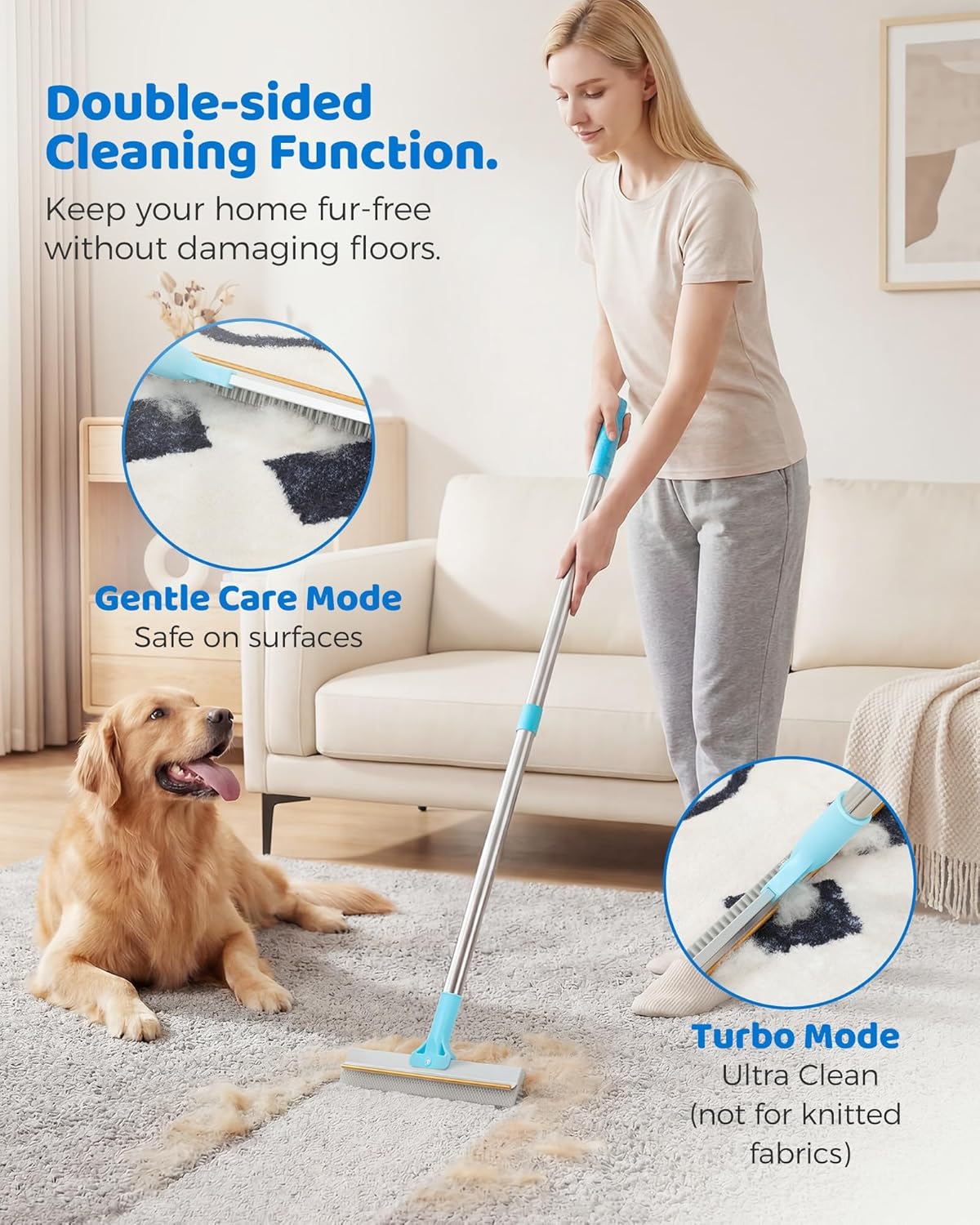 Carpet Rake for Pet Hair Removal - 54''Adjustable Long Handle Carpet Rake, 3 in 1 Reusable Silicone Carpet Broom with 2 Lint Scrapers, Pet Hair Remover Broom for Rugs, Mats, Couch, Car Interiors