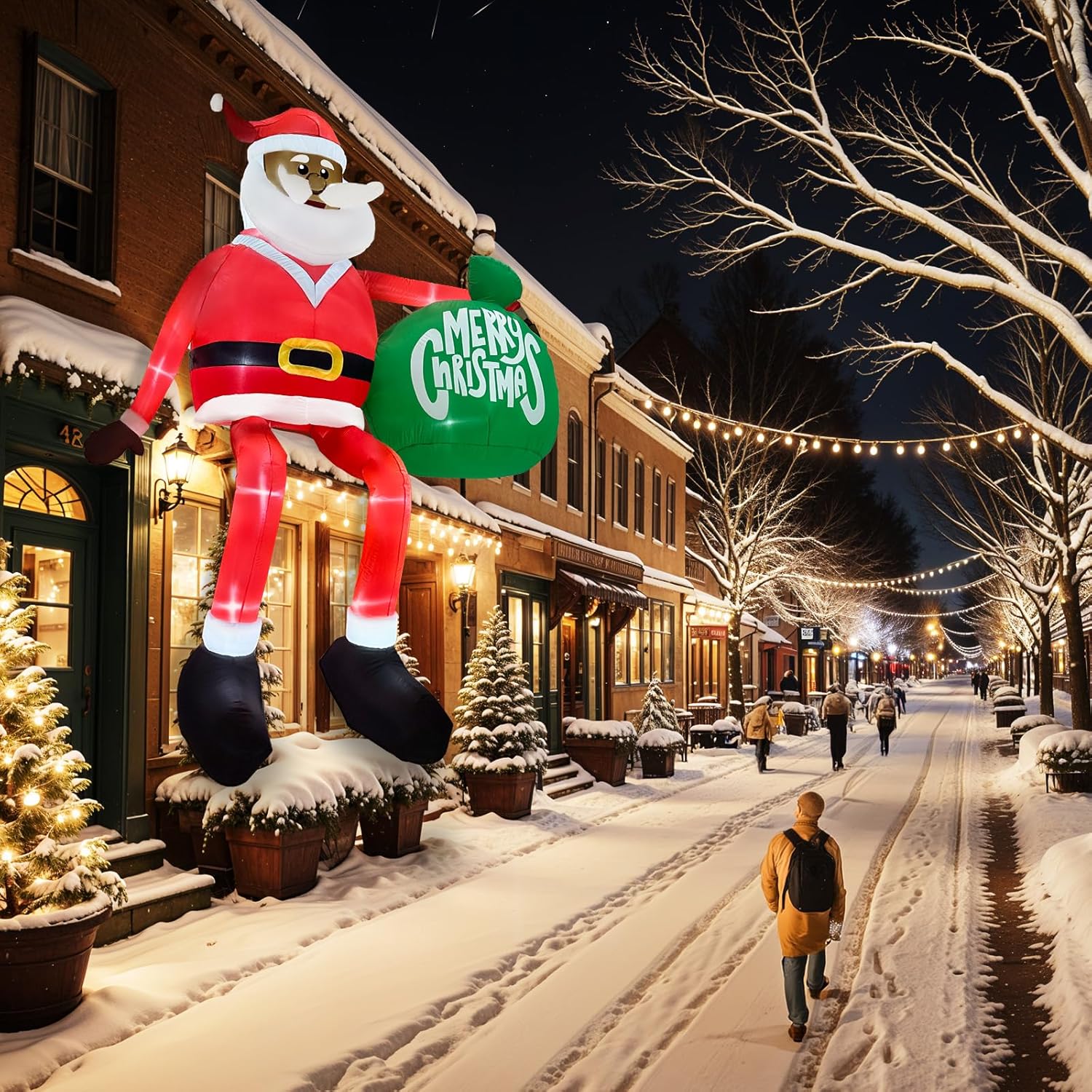 OurWarm 13 FT Giant Christmas Inflatable Outdoor Decoration, Climbing Black Santa Inflatable with Present Bag, Large Christmas Blow Ups Outdoor Decor Built-in LED Lights for Yard Eaves Roof Outside