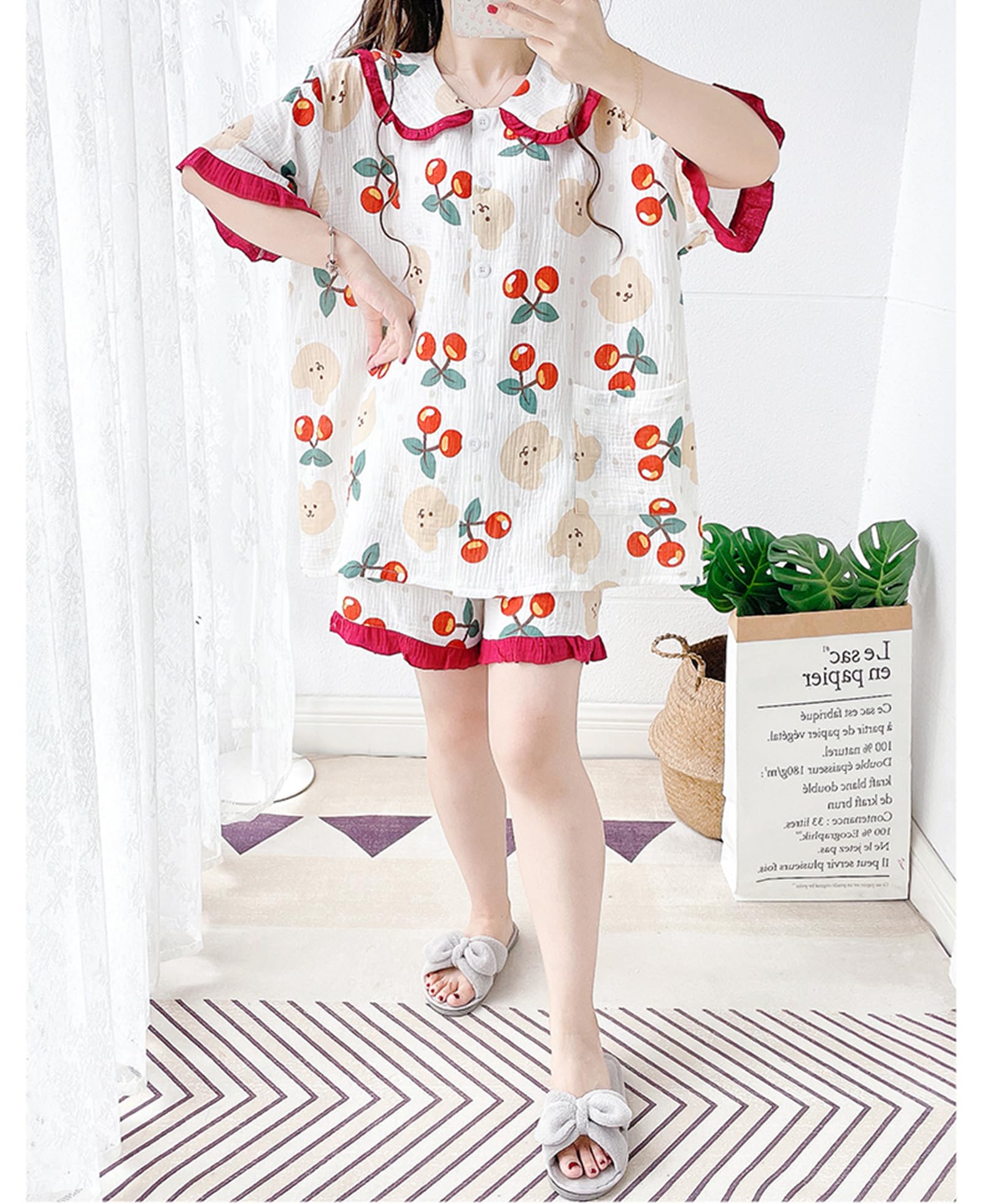 Generic Damski zestaw bawełniany piżamy 2-częściowy zestaw przycisków z krótkim rękawem Pjs Plus Size 4XL 5XL