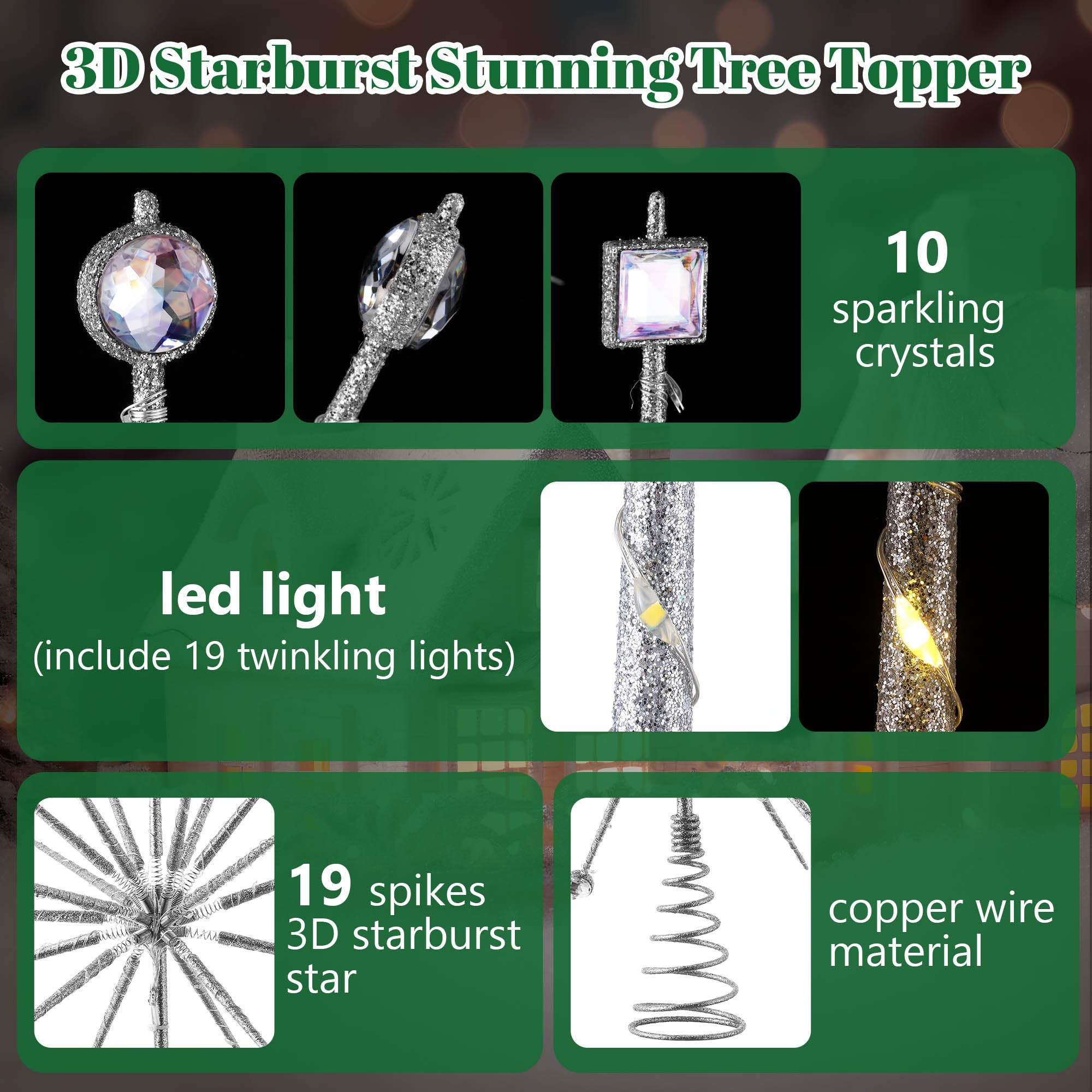 Decoración para árbol de Navidad de 15 pulgadas, estilo retro de mediados de siglo, decoración de árbol de estrella iluminada en 3D con cristal y 19 luces parpadeantes (plateado)