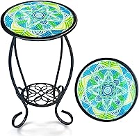 Vista 10 de HONGLAND Mesa auxiliar para exteriores, mesa pequeña para exteriores, mesa auxiliar redonda de 12 pulgadas, soporte para plantas de vidrio, mesa