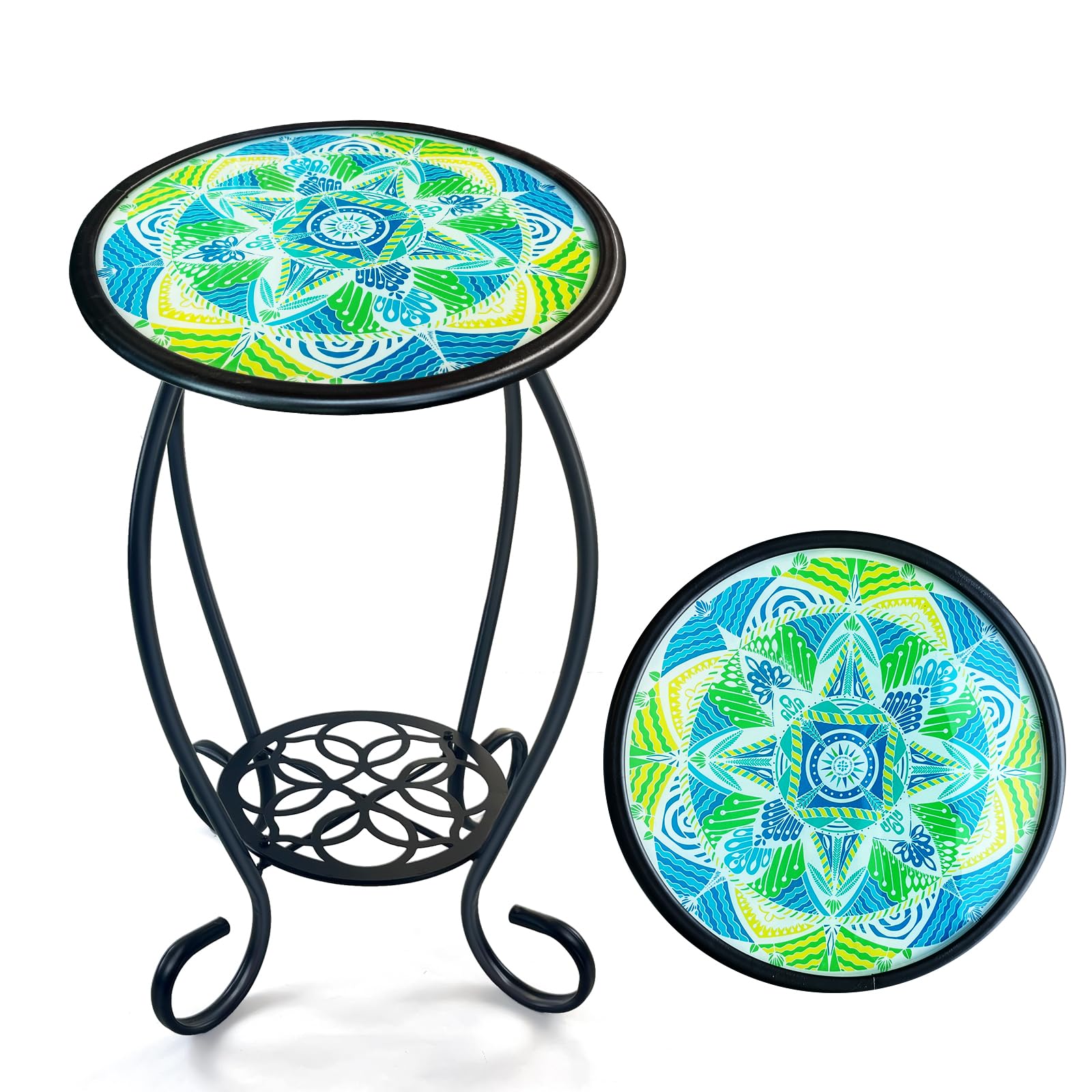 HONGLAND Mosaic Outdoor Side Table, 14" Round Patio Side Table, Mosaic Plant Stand, End Table W/Storage Shelf, Small Bistro Coffee Table for Garden
