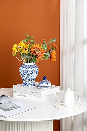 Miniatura 5 de Tarro de jengibre azul y blanco, tarros decorativos de cerámica para el hogar, oficina, florero de flores Pocelain, jarrón brillante para mesa, sala