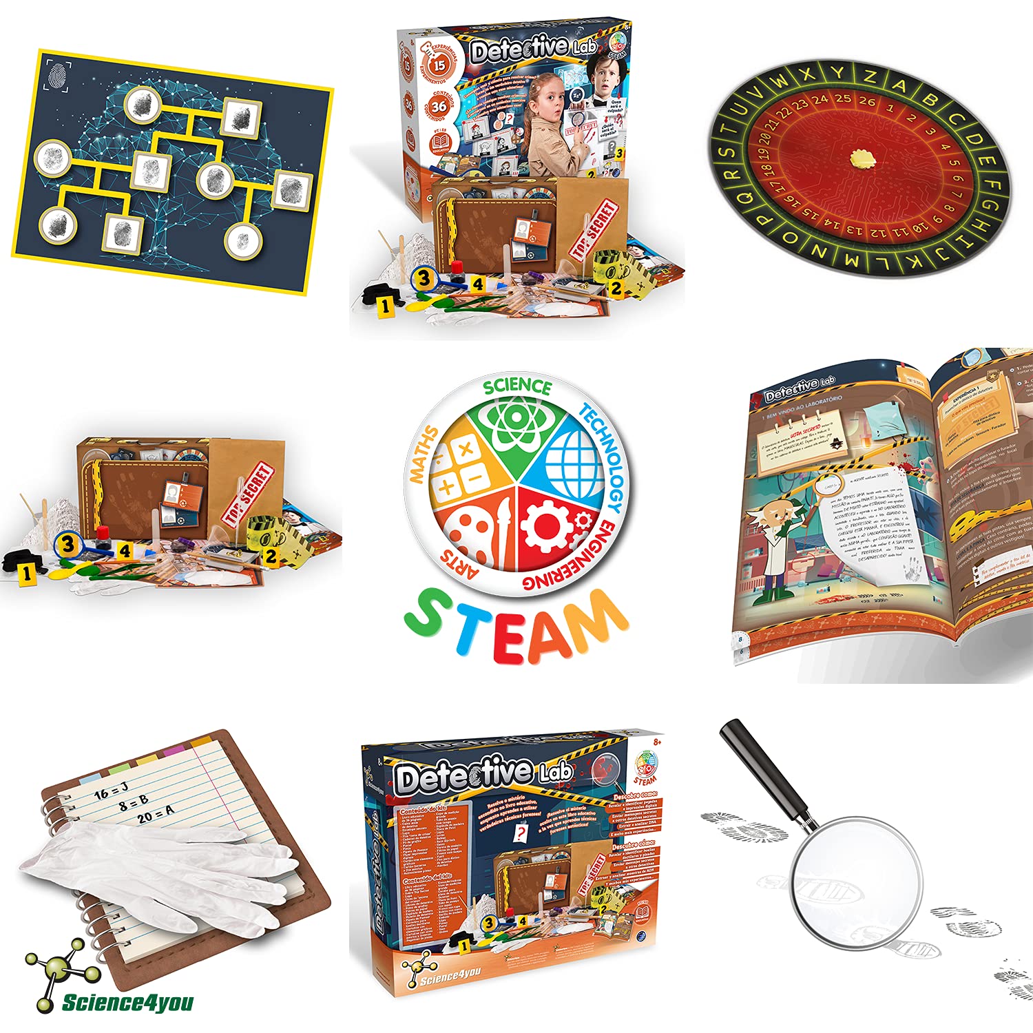 Science4you Laboratorio de Detective - Kit Detective con 15 Experimentos Científicos: Resuelve el Caso Misterioso, Encuentra Las Pistas, Huellas Dactilares, Pegadas, Regalo para Niños 7 8 9 10 Años