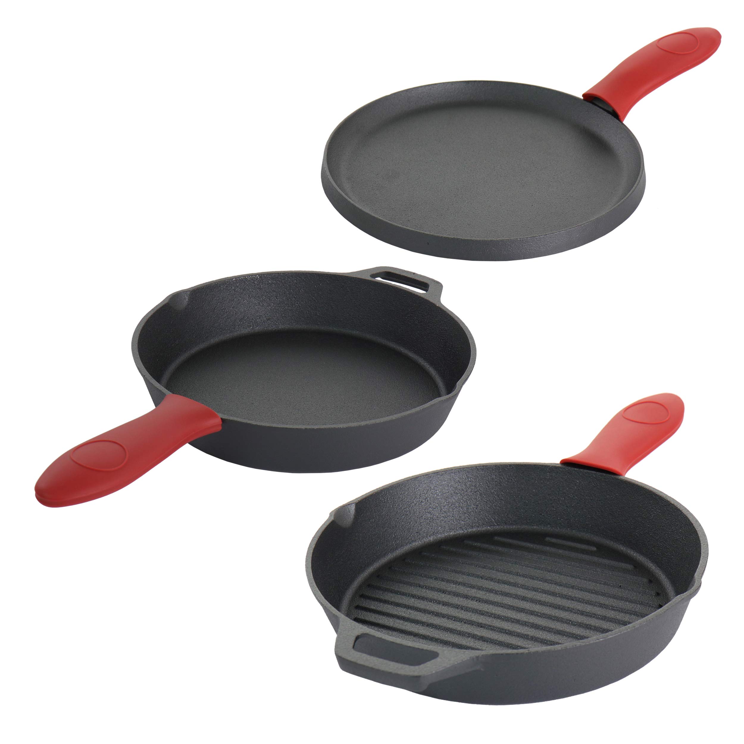 Skillet, Pan, and Griddle Cast Iron Cookware Set, 6 Piece, Black, Red