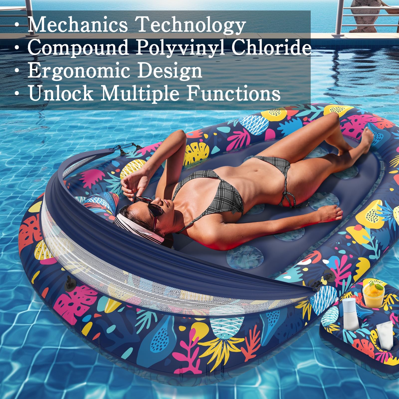 Colchoneta Piscina Adultos,Colchoneta Hinchable Piscina,Hinchables para Piscina,con Toldo de Sombra Desmontable,Portabebidas,Hamaca Flotante,para Adultos,Playa,Lago y Verano