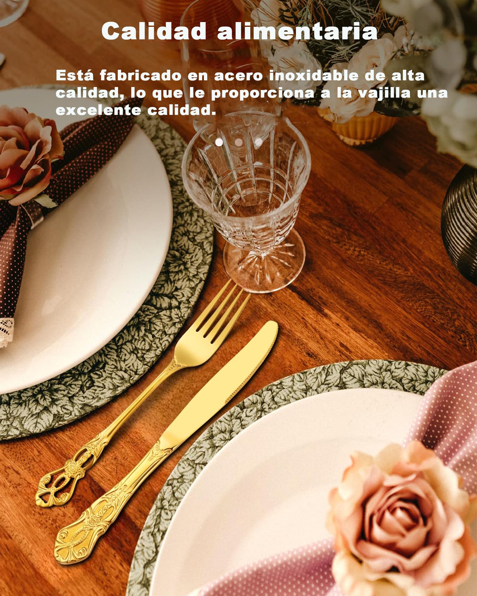 Juego de Cubiertos de Oro Retro para 6, Hermoso Set Dorado de Acero Inoxidable 24 Piezas, Servicio para 6, Tenedor Cuchara Cuchillo, Estilo Barroco Antiguo
