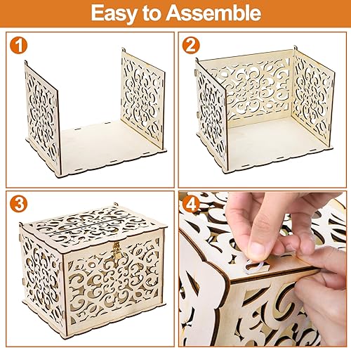 Miniatura 4 de Okllen Caja de madera para tarjetas de boda con candado y letrero de tarjeta, caja de tarjetas de madera rústica grande para manualidades, soporte