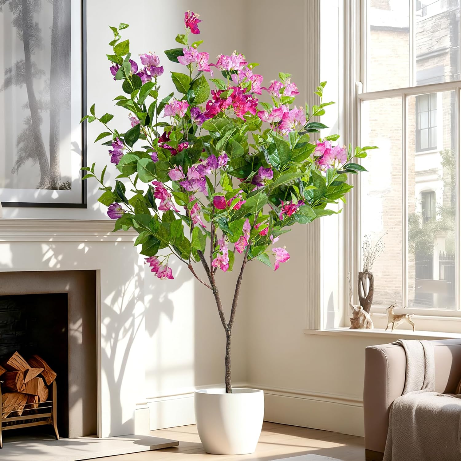 4FT Artificial Bougainvillea Tree Artificial Tree Tall Potted Fake Bougainvillea Trees for Outdoor Indoor Lifelike Potted Faux Plants with Wood Trunk and Flowers Office Wedding Home Decor