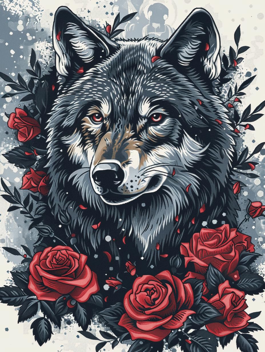 Kit broderie point de croix loup fleurs Walluminati canevas imprimé 40x50