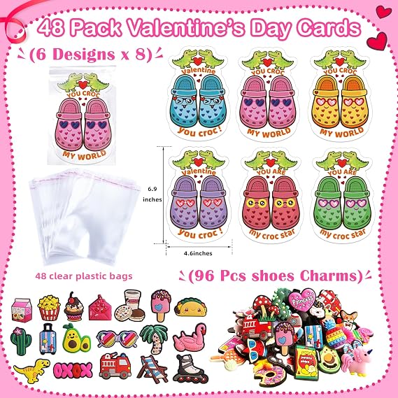 JX Valentines Day Cards for Kids Classroom,48 Pack Valentine's Cards with 96 Unique Shoes Charms,Valentine Gifts for kids Boys Girls Class Exchange