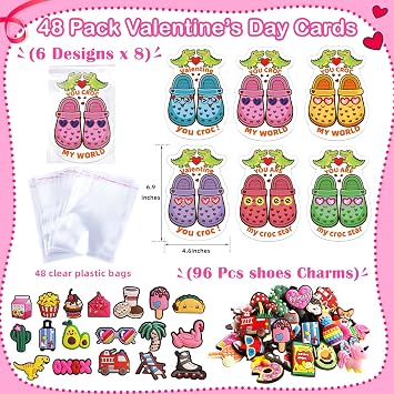 JX Valentines Day Cards for Kids Classroom,48 Pack Valentine's Cards with 96 Unique Shoes Charms,Valentine Gifts for kids Boys Girls Class Exchange