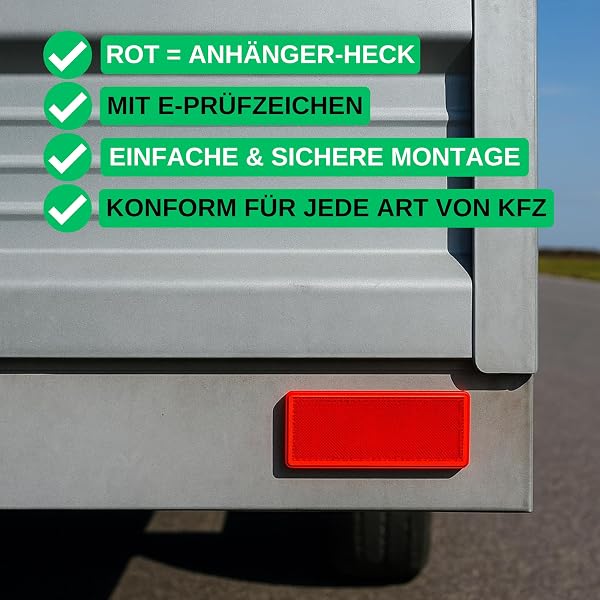 Reflectores para Pegar, 4 Uds, Rojo, 94 x 44 mm, Marca de E, Reflector de Seguridad Remolque, Caravana, Poste, Captafaro, Derecho e Izquierdo, Reflector de Remolque Estándar, Catadioptrico Rojo - 2
