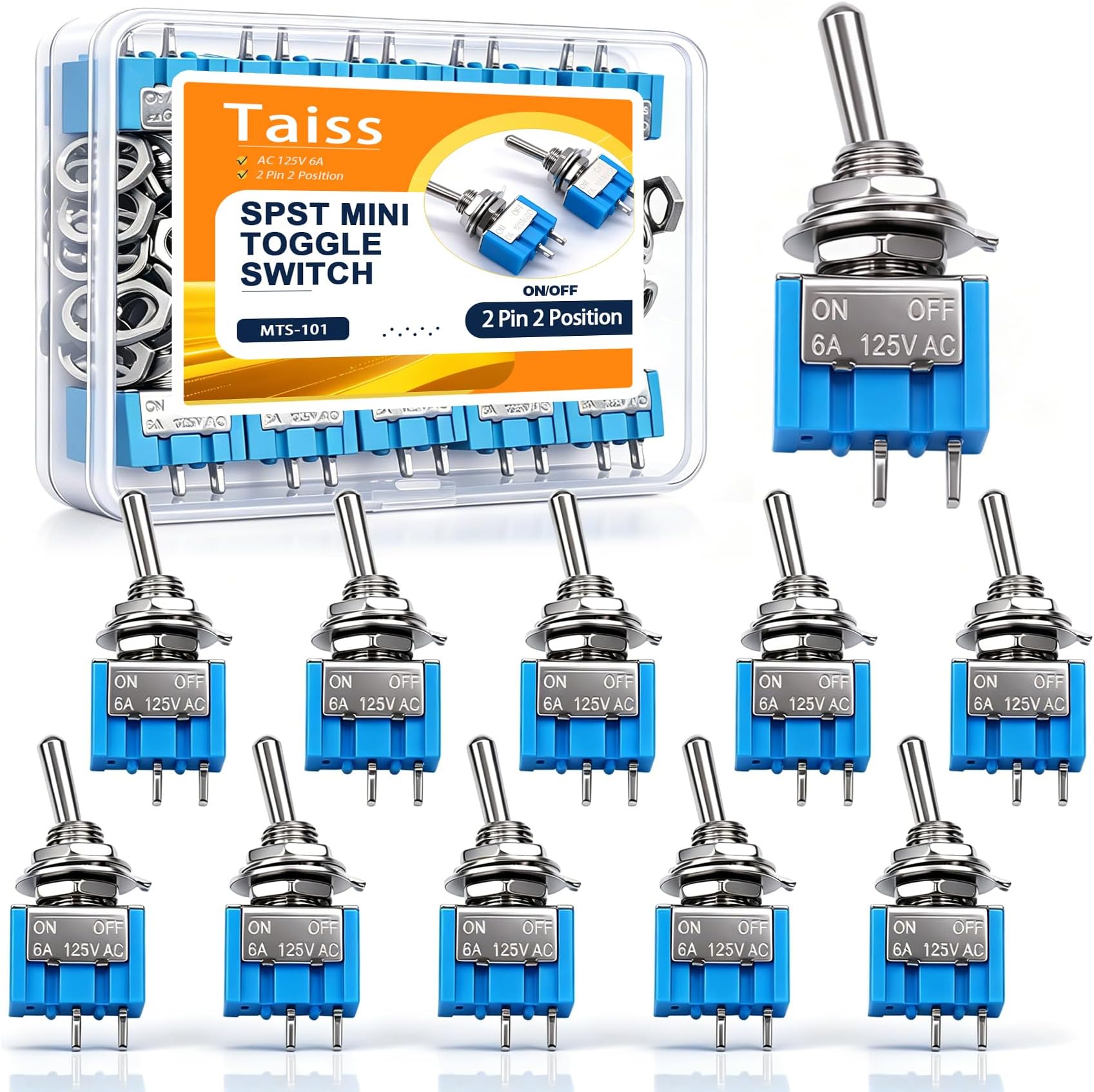 Taiss 10PCS MTS-101 2-Pin SPST Touch ON/Off 6A 125V 2 Position Mini Miniature Toggle Switch