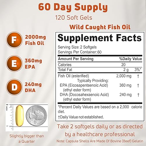 Miniatura 2 de Aceite de pescado Omega 3 de 2000 mg. Suplementos de aceite de pescado Omega 3 para apoyar la salud cardíaca, las funciones cerebrales y el sistema