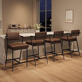 Garvee Bar Stools Set of 4 w/Arms & Footrest, Upholstered Bar Stools with Backrest & Thickened Metal Legs, Counter Height Bar Stools with Thick Cushion for Island, Counter Bar, Retro Brown
