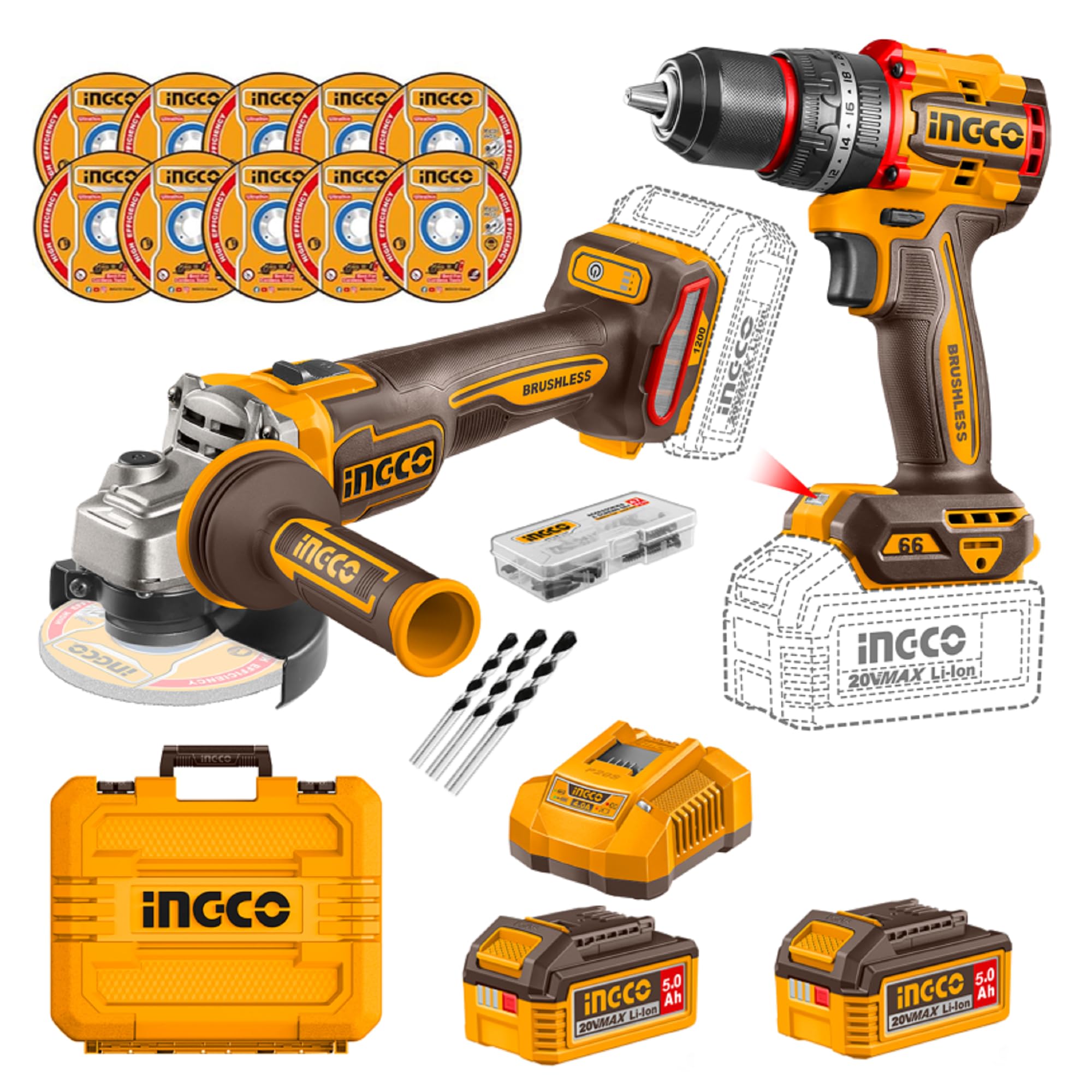 INGCO 20V Cordless Angle Grinder 100mm And Impact Drill 66Nm, Brushless Motor, LED Work Light, 2Pcs 4.0Ah Battery, 1 Pcs Charger, Packed by Carrying Case-picture-15