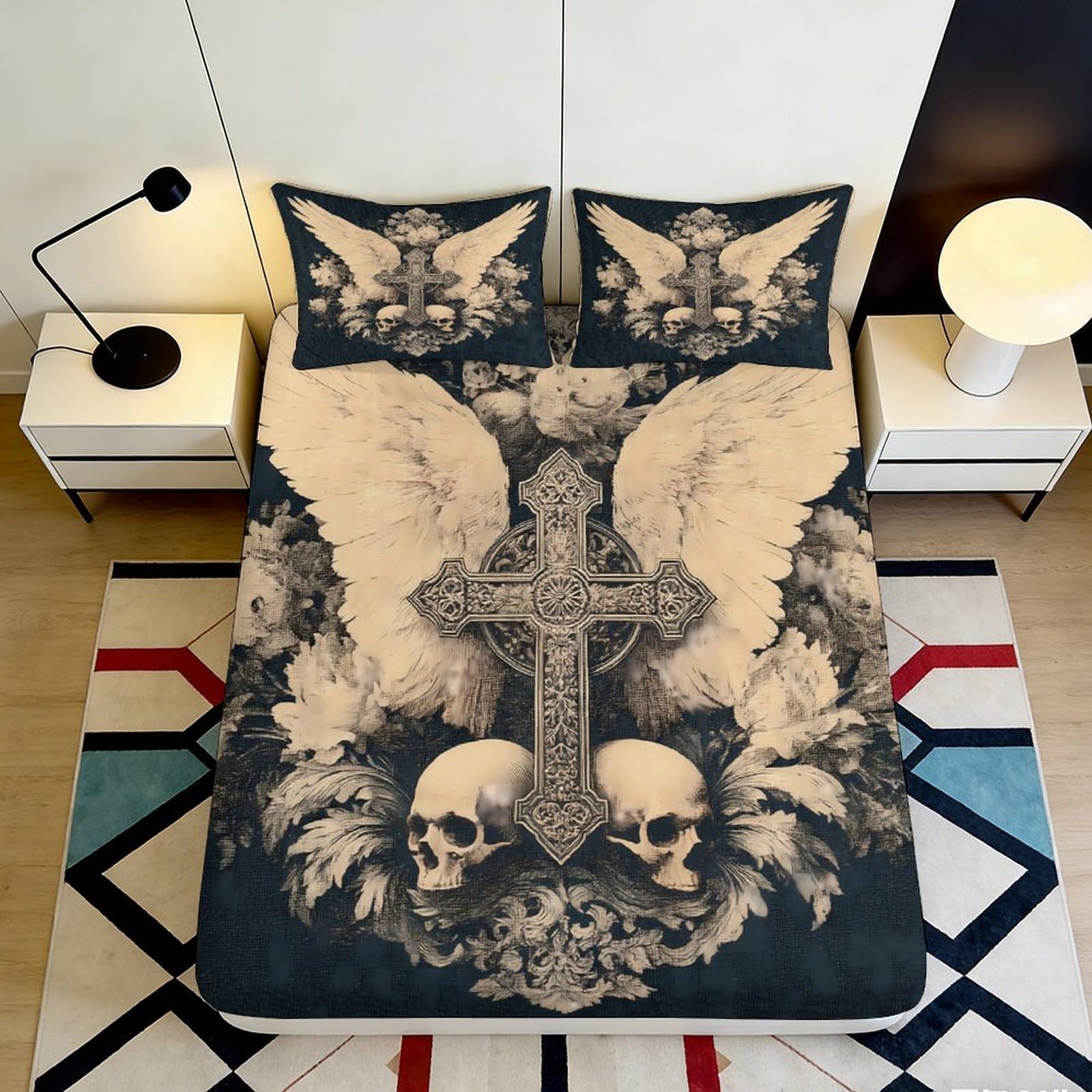 3D Printed Gothic Angel Wings Fitted Sheet Microfiber Skull Cross Bed Cover for Bedroom Guest Room Decor 90x200x25cm
