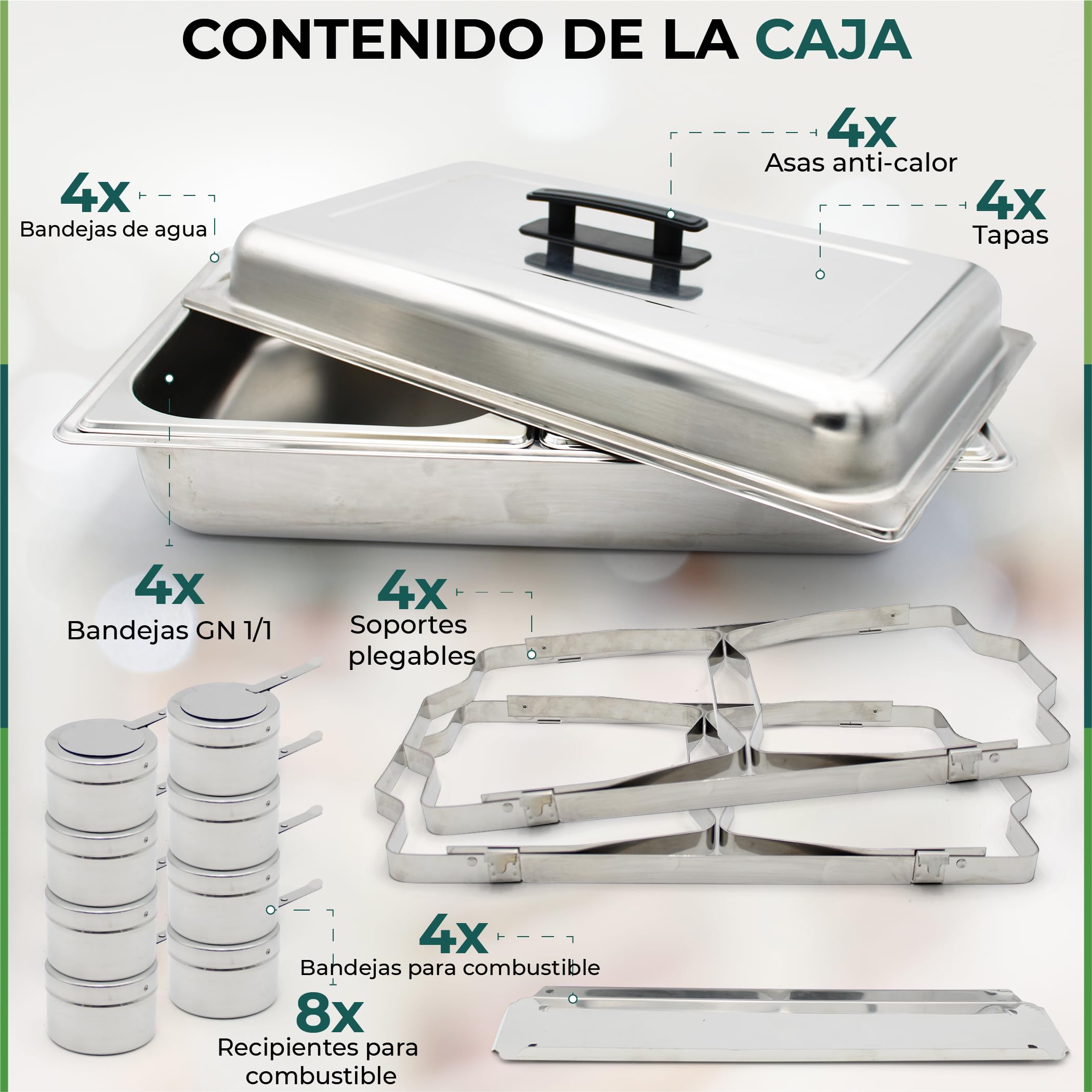 Pack de 4 Calentadores de Platos LEUTHERIA - Chafing Dish Profesional/Acero Inoxidable alimentario para Buffet/baño maría Profesional/Mantenimiento en Caliente/Catering/Hotel/Restaurante