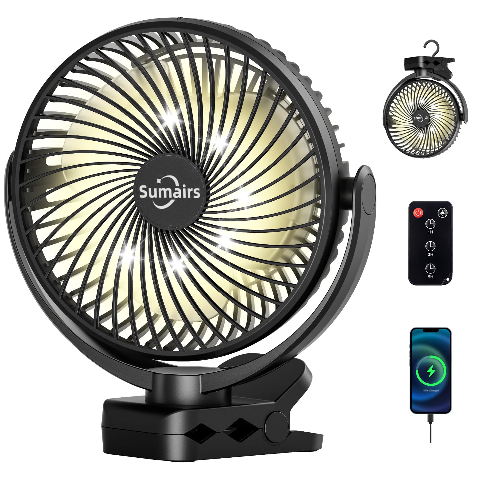 Sumairs 10000mAh Akku Camping Ventilator,20cm mit Lampe,10-58 Std. Laufzeit,Ultra-Leise,Klemmen,Fernbedienung,Powerbank,Tragbarer USB Tischventilator für Outdoor,Zelt,Reise,Büro,wohnmobil,Schlafzimmer