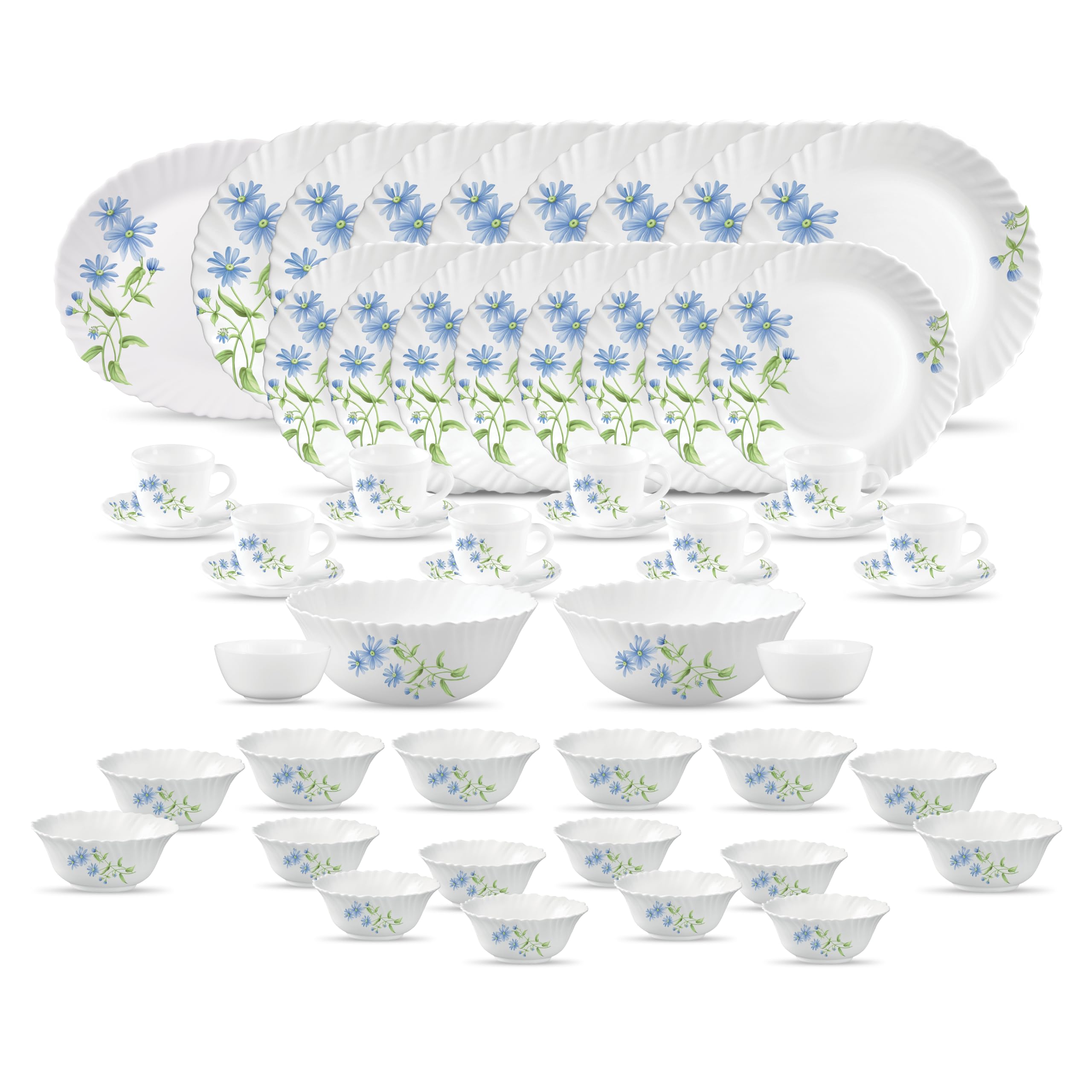 La Opala Diva Classique Collection Opal Glass Crockery | for Family of 8 | Dinner Set 53 pcs Blue Daisy | Plates, Bowls & Cups for Dining | Microwave Safe | 100% Vegetarian | Extra Strong | White-image-26