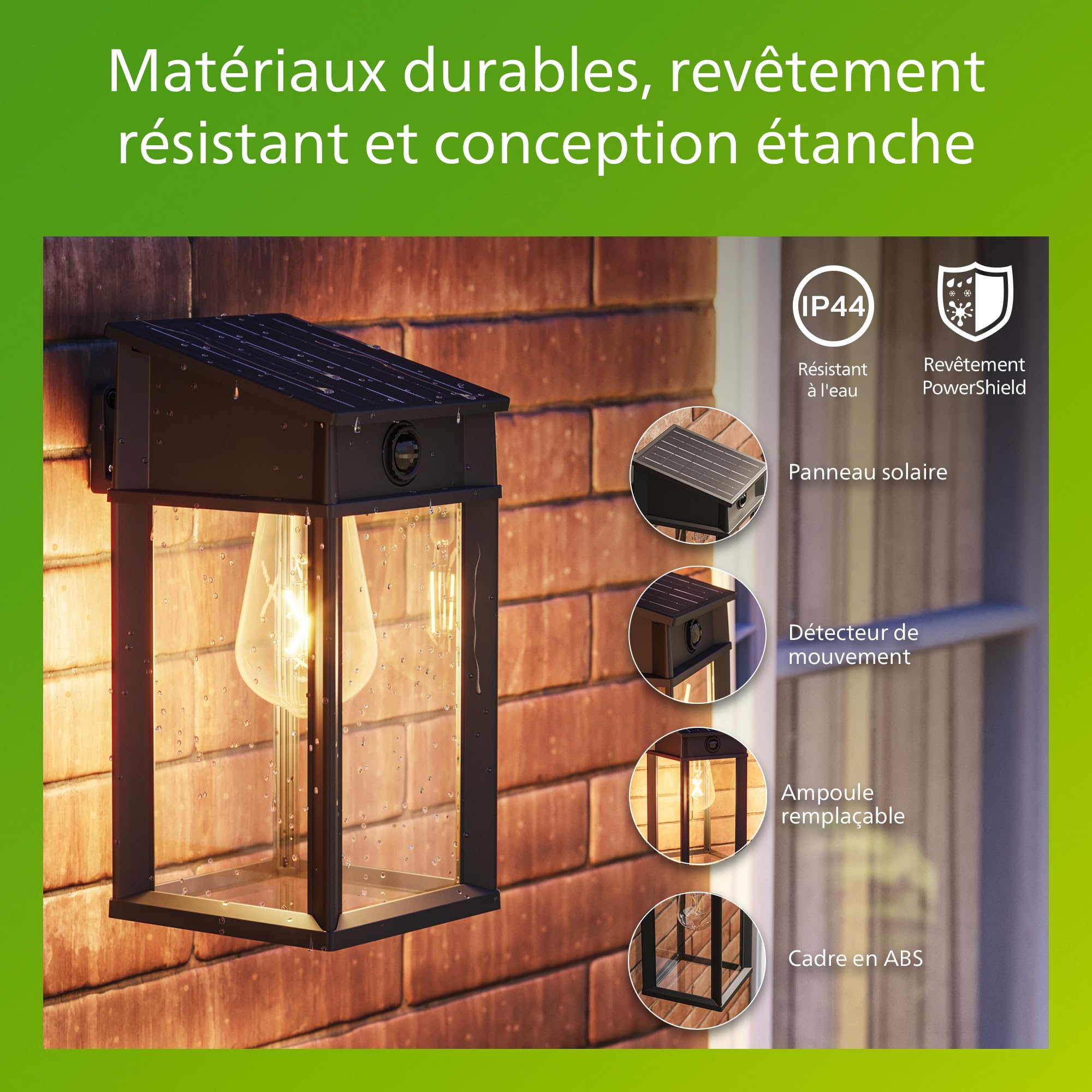 Philips Geri Applique solaire murale UltraEfficient extérieur, Ampoule solaire remplaçable, Détecteur de mouvement, 2700K, Noir