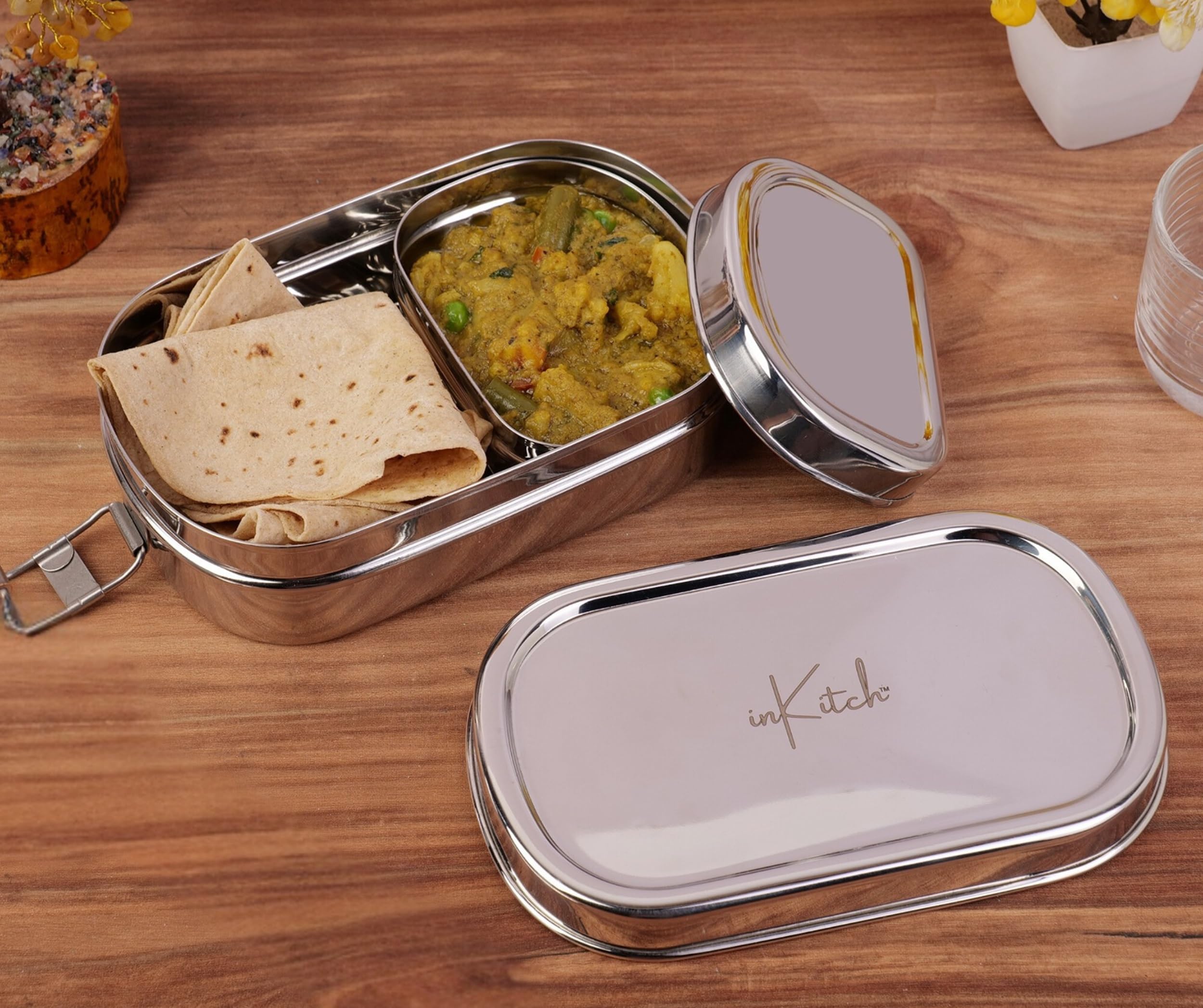 inKitch Stainless Steel Tiffin Box for Kids Boys & Girls | 750ML Rectangle Lunch Box with Inner Box & Locking Clip | Durable School & Office Steel Lunch Box for Kids | Food Safe & Leak-Proof