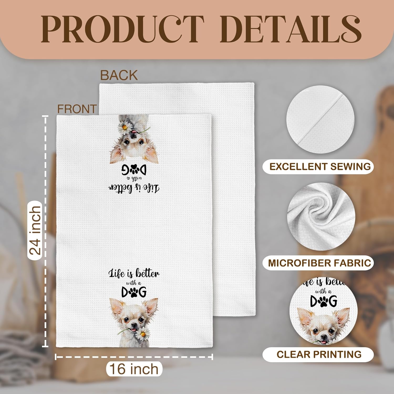 Chihuahua Dog Kitchen Towels, Chihuahua Gifts for Women Dogs Mom Lovers, Funny Life is Better with a Dog Decorative Hand Tea Dish Towel for Bathroom Kitchen Decor, 16x24 Inch - Image 7