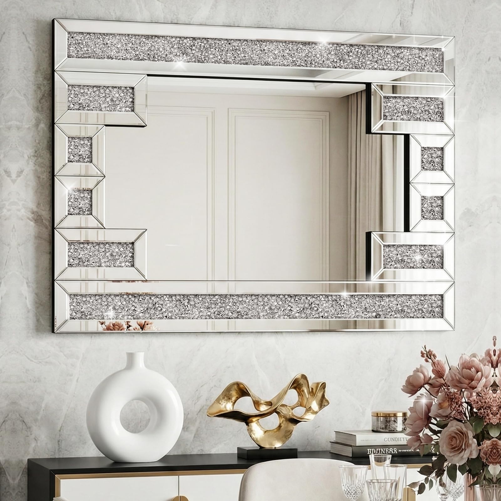 - Crushed Diamond Rectangular Wall Mirror 28"x40", Bling Rhinestone Mirror Art Deco Silver, Hand-Inlaid Crystals for Living Dining Room Entryway Fireplace, Shatter-Proof Packaging
