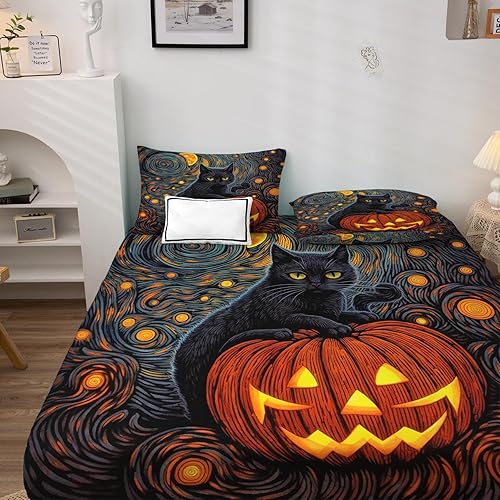 Miniatura 2 de Sábanas de Halloween tamaño Queen, sábanas espeluznantes de gato negro calabaza, juego de sábanas y fundas de almohada de 4 piezas, sábana bajera