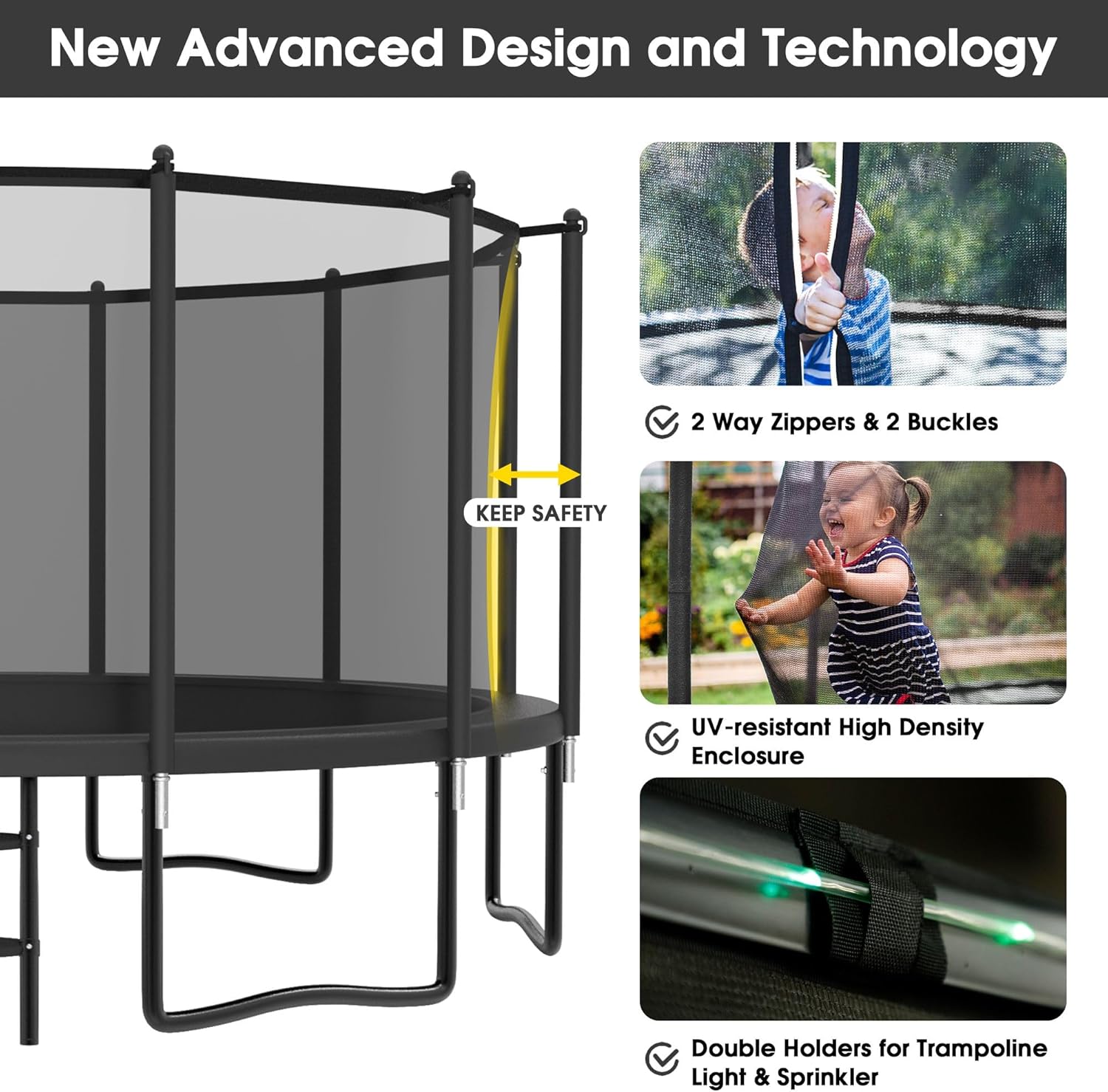 YORIN Backyard Bouncer Bundle with Basketball Hoop, Light String & Sprinkler, Heavy Duty Jumping Set for Kids & Adults, 8 10 12 14 15 16FT, 1500LBS Capacity, ASTM Certified, Galvanized Steel Frame