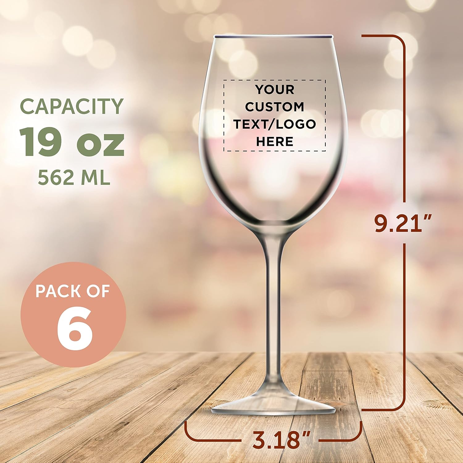Custom Wine Glasses 19 oz. Set of 6, Personalized Bulk Pack - Restaurant Glassware, Perfect for Red Wine, White Wine, Cocktails and More - Clear