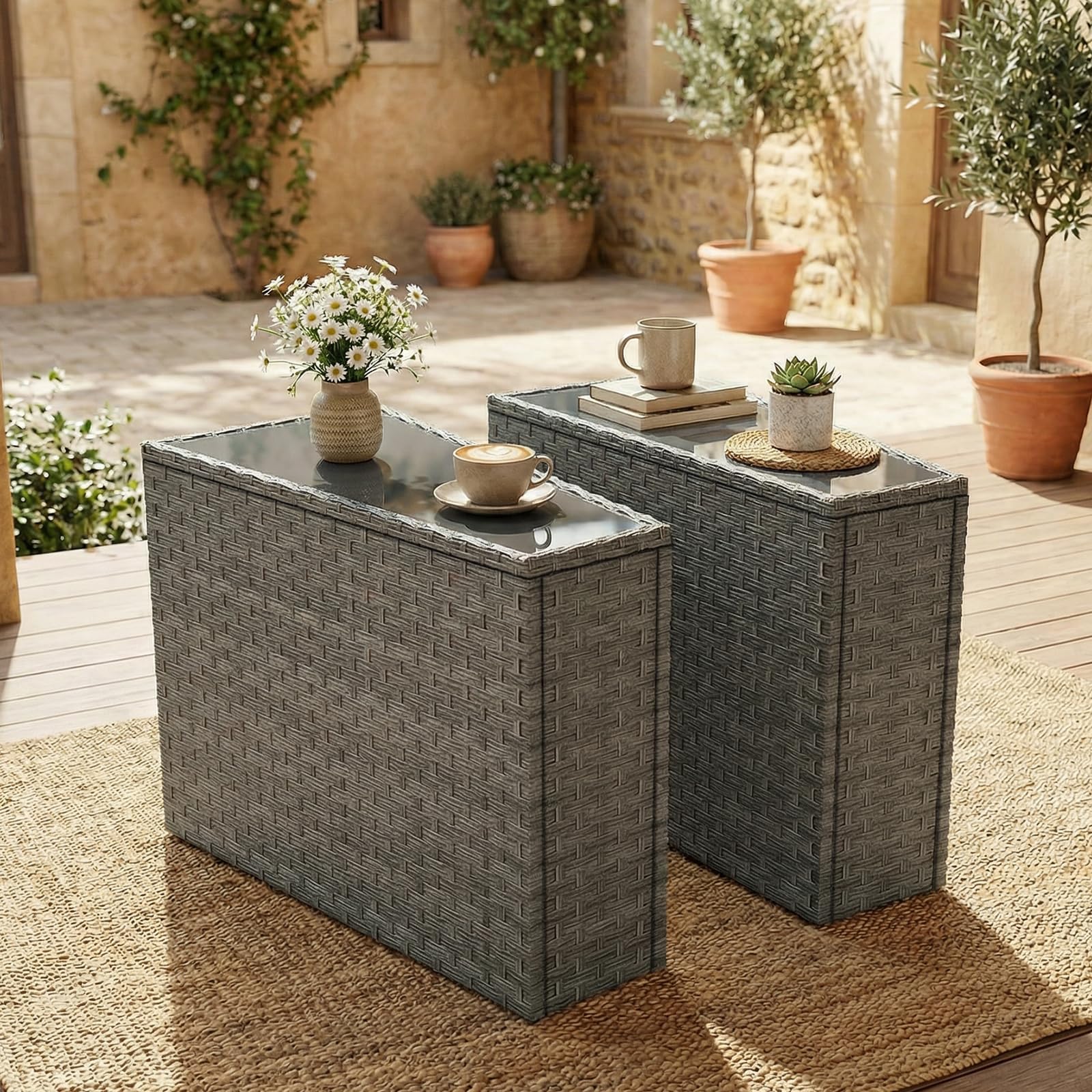 SUNSITT Rattan PE Resin Wicker Patio Side Table 2-Pack Sofa Wedge End Table with Tempered Glass Top, Grey