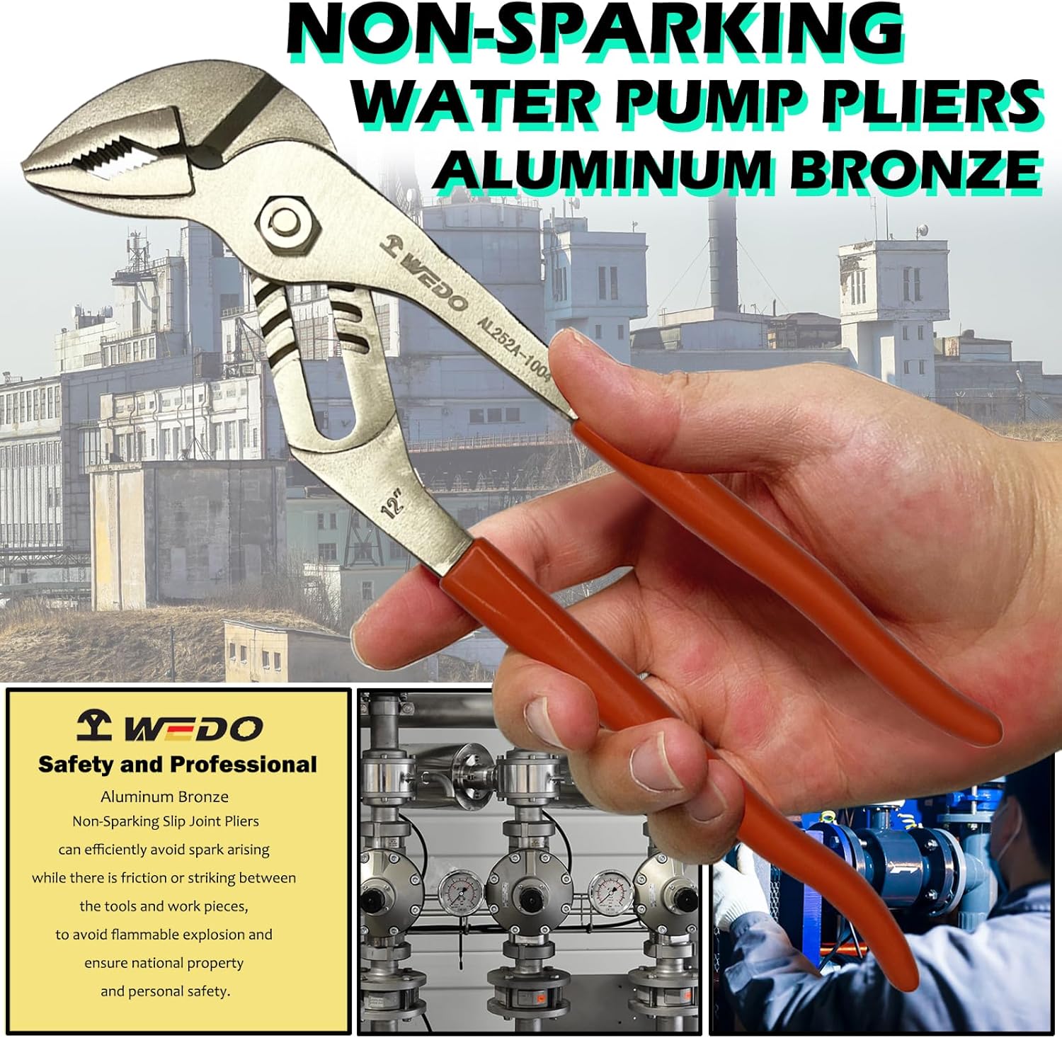 WEDO Water Pump Pliers, Slip Joint Pliers, Tongue and Groove Pliers, Length 10 inch, length 250mm, Max jaw opening 32mm, Aluminum Bronze, Non-Sparking, DIN Standard, BAM & FM Certificate
