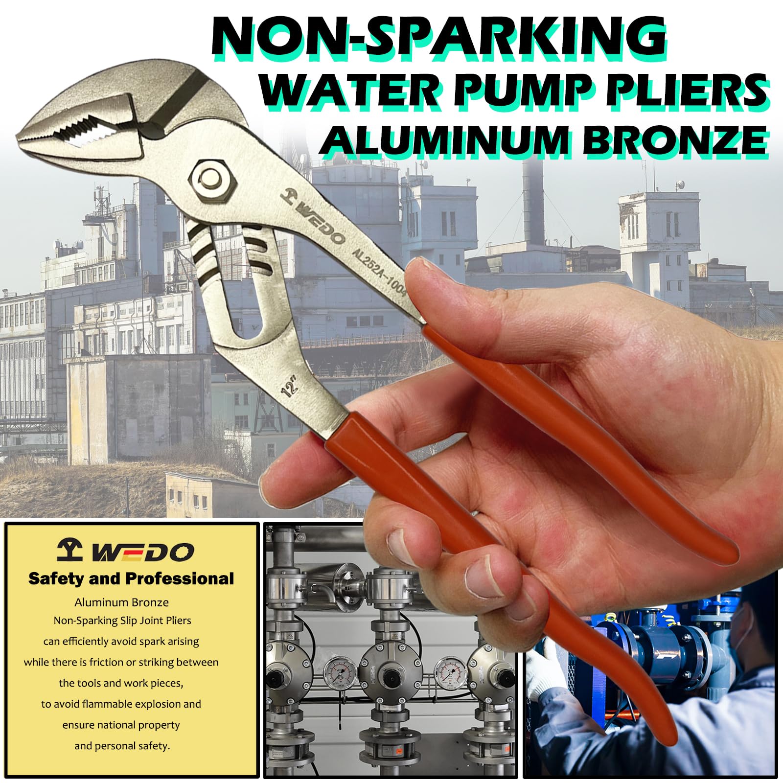 WEDO Alicates Pico Loro,300mm Ajustable Bombas de agua de Tenaza,sin chispas Alicates Extensibles con Ranura Curvada,Bronce de aluminio,resistente a la corrosión,Certificados Bam y FM